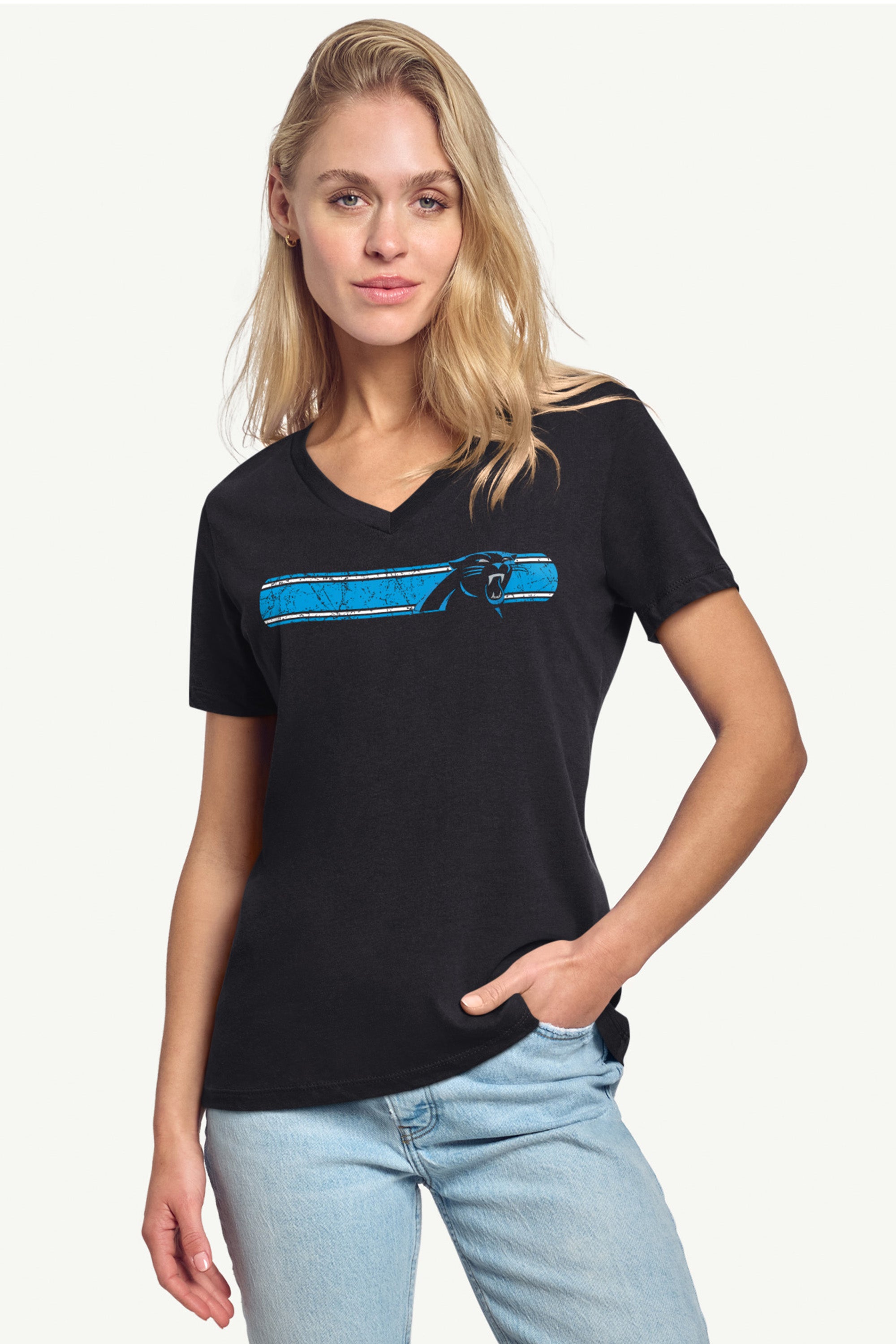 WOMENS CAROLINA PANTHERS STRIPE V-NECK T SHIRT View 2 | Carolina Panthers WOMENS CAROLINA PANTHERS STRIPE V-NECK T SHIRT View 2 | Carolina Panthers