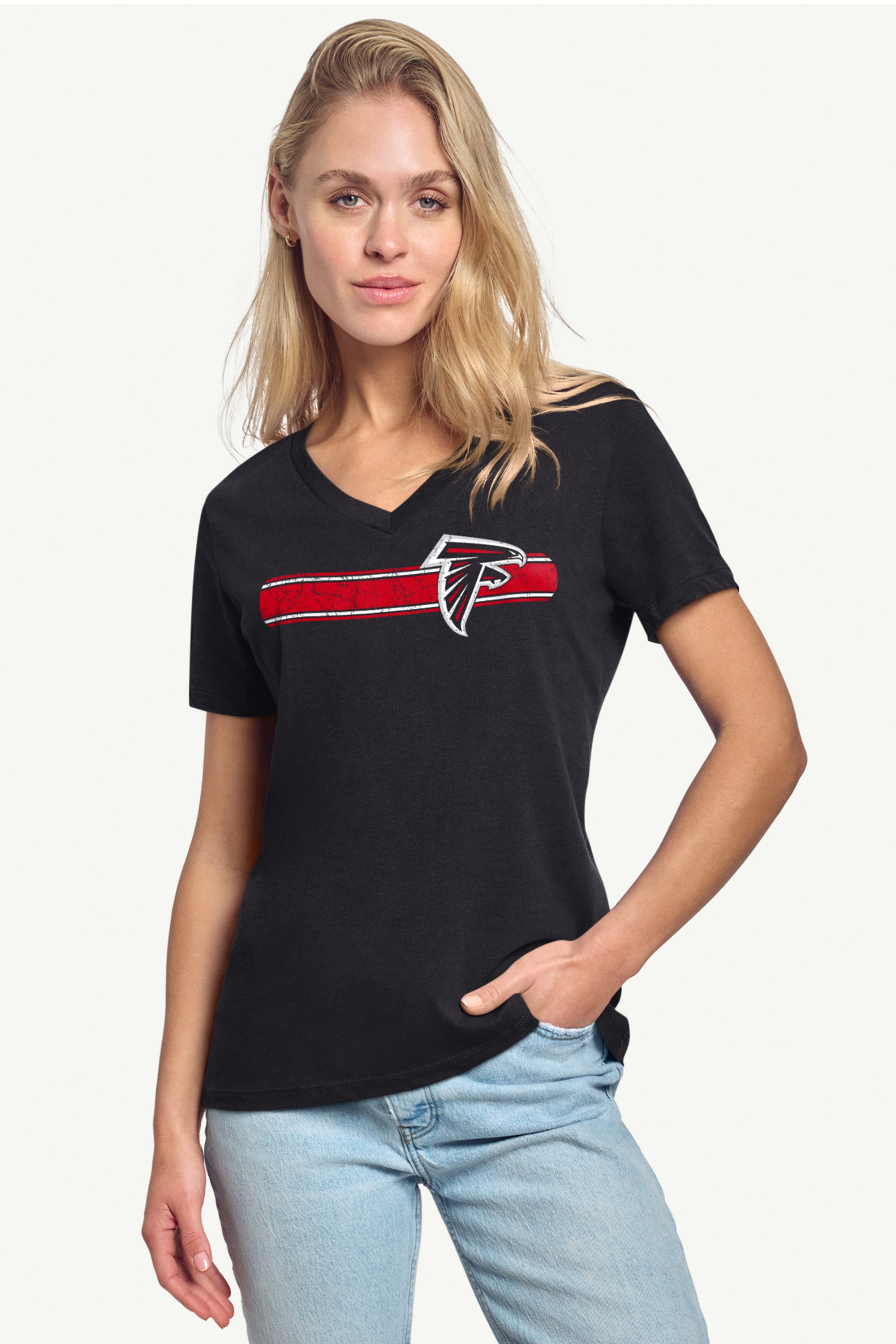 WOMENS ATLANTA FALCONS STRIPE V-NECK T SHIRT View 2 | Atlanta Falcons WOMENS ATLANTA FALCONS STRIPE V-NECK T SHIRT View 2 | Atlanta Falcons