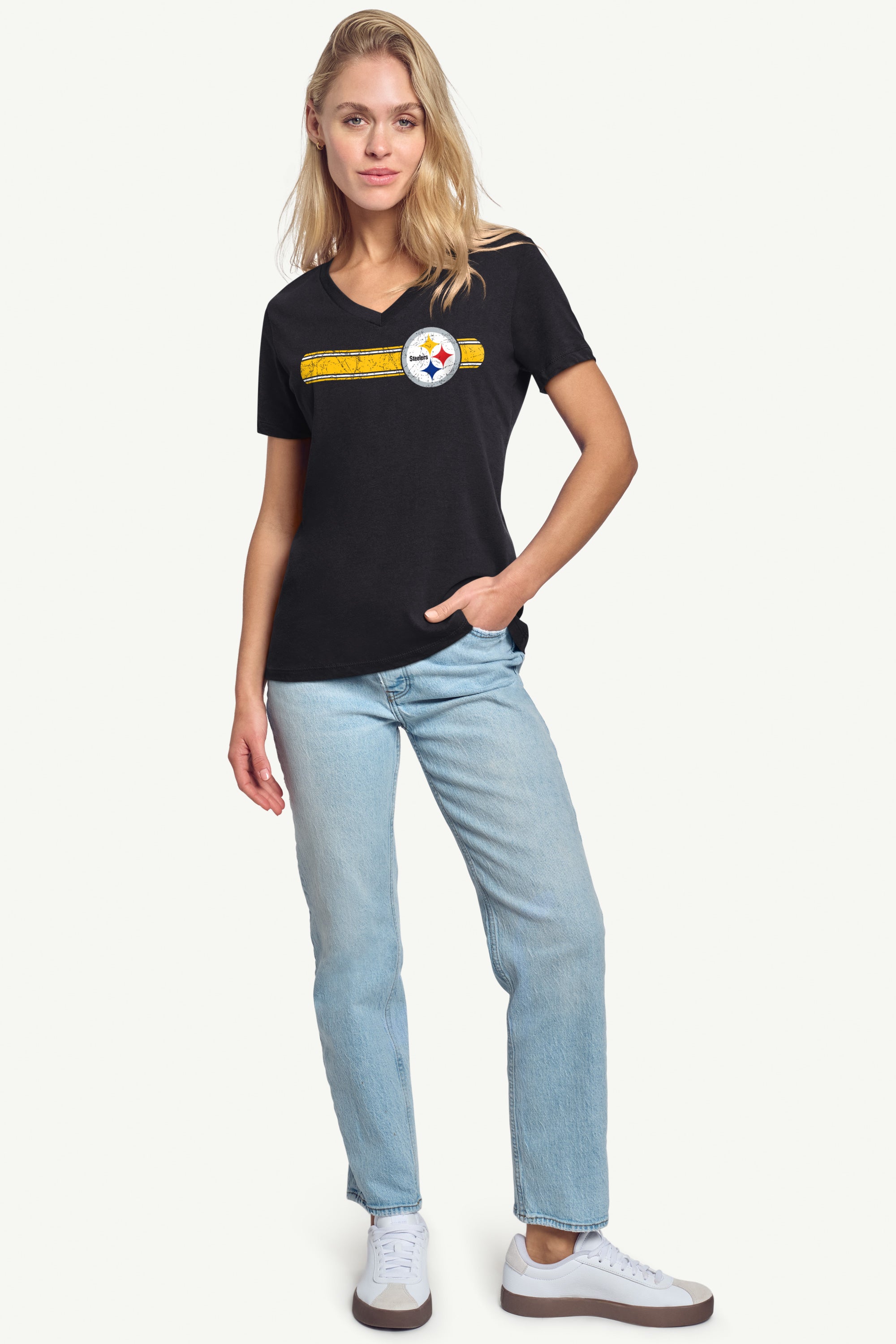 WOMENS PITTSBURGH STEELERS STRIPE V-NECK T SHIRT View 3 | NFL WOMENS PITTSBURGH STEELERS STRIPE V-NECK T SHIRT View 3 | NFL