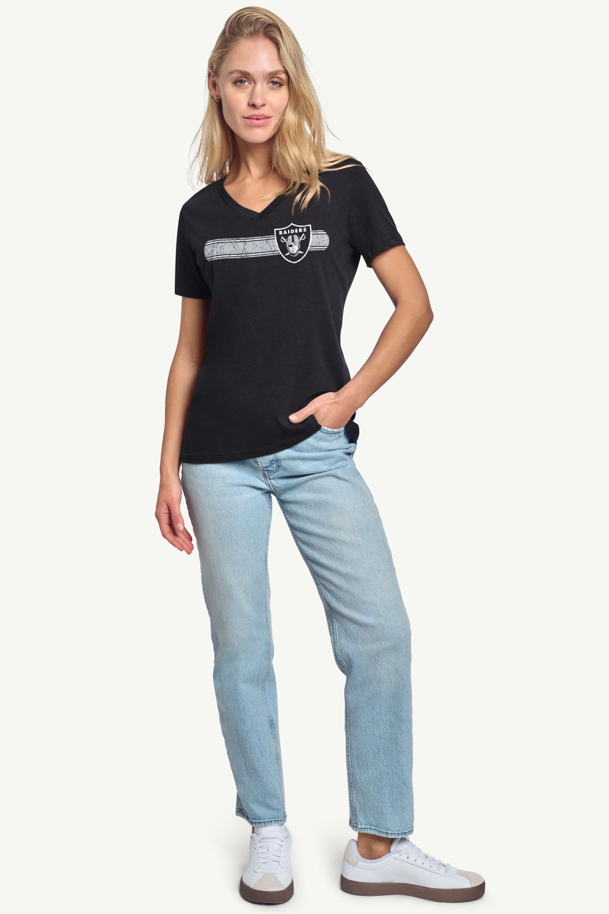 WOMENS LAS VEGAS RAIDERS STRIPE V-NECK T SHIRT View 3 | NFL WOMENS LAS VEGAS RAIDERS STRIPE V-NECK T SHIRT View 3 | NFL