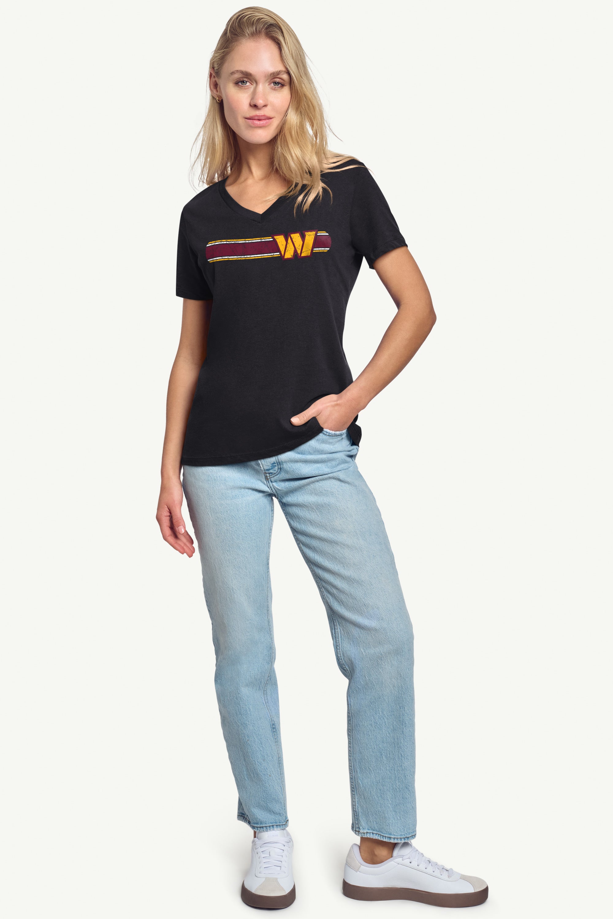 WOMENS WASHINGTON COMMANDERS STRIPE V-NECK T SHIRT View 3 | Washington Commanders WOMENS WASHINGTON COMMANDERS STRIPE V-NECK T SHIRT View 3 | Washington Commanders