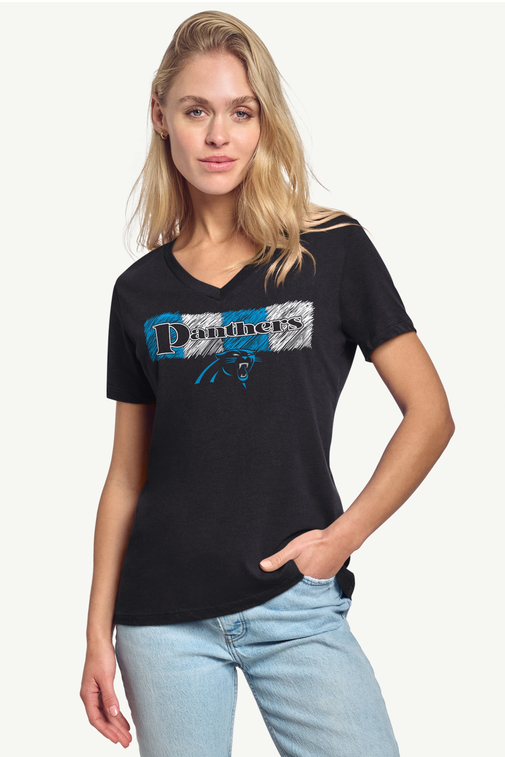WOMENS CAROLINA PANTHERS COLOR SHADDING V-NECK T SHIRT View 2 | Carolina Panthers WOMENS CAROLINA PANTHERS COLOR SHADDING V-NECK T SHIRT View 2 | Carolina Panthers