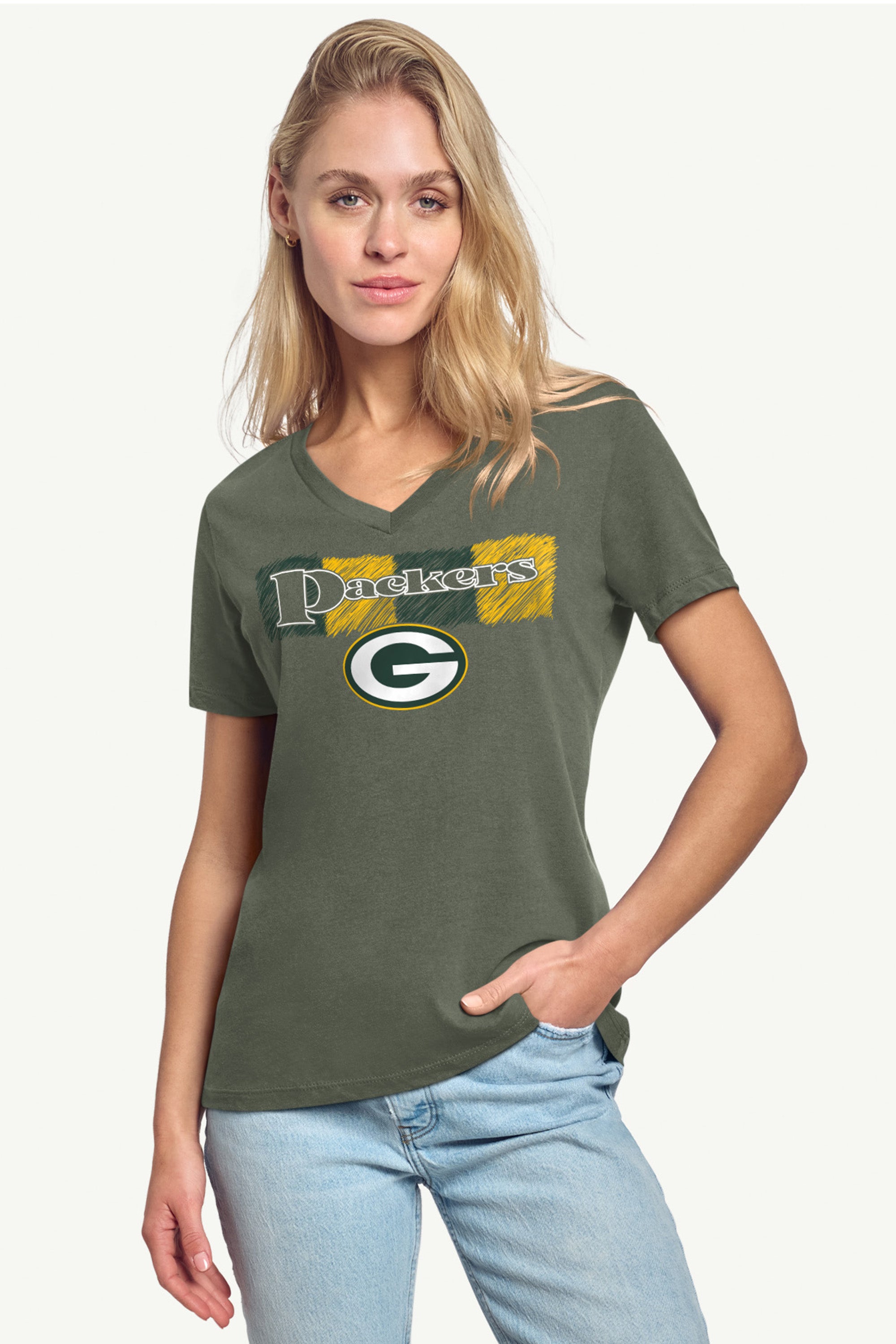 WOMENS GREEN BAY PACKERS COLOR SHADDING V-NECK T SHIRT View 2 | Green Bay Packers WOMENS GREEN BAY PACKERS COLOR SHADDING V-NECK T SHIRT View 2 | Green Bay Packers