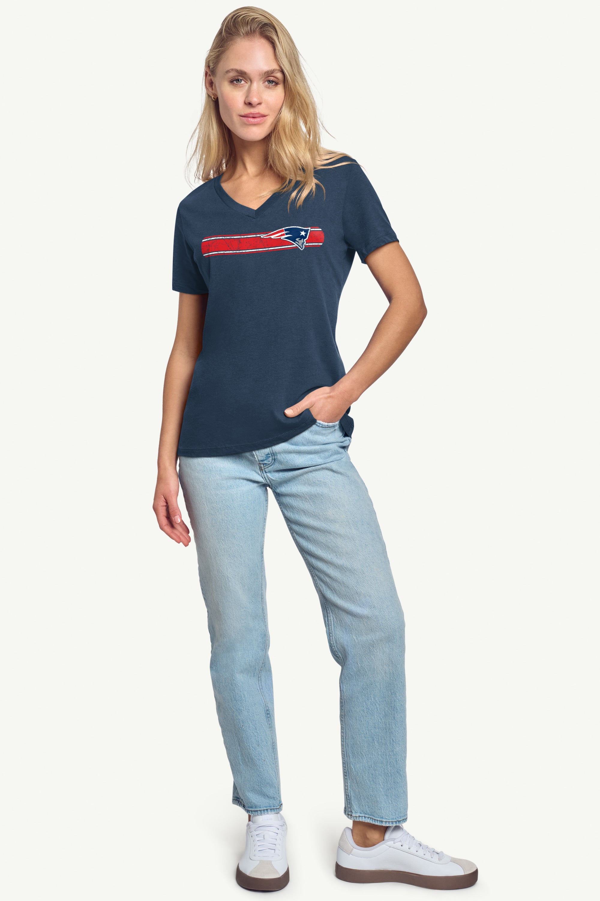 WOMENS NEW ENGLAND PATRIOTS STRIPE V-NECK T SHIRT View 3 | New England Patriots WOMENS NEW ENGLAND PATRIOTS STRIPE V-NECK T SHIRT View 3 | New England Patriots