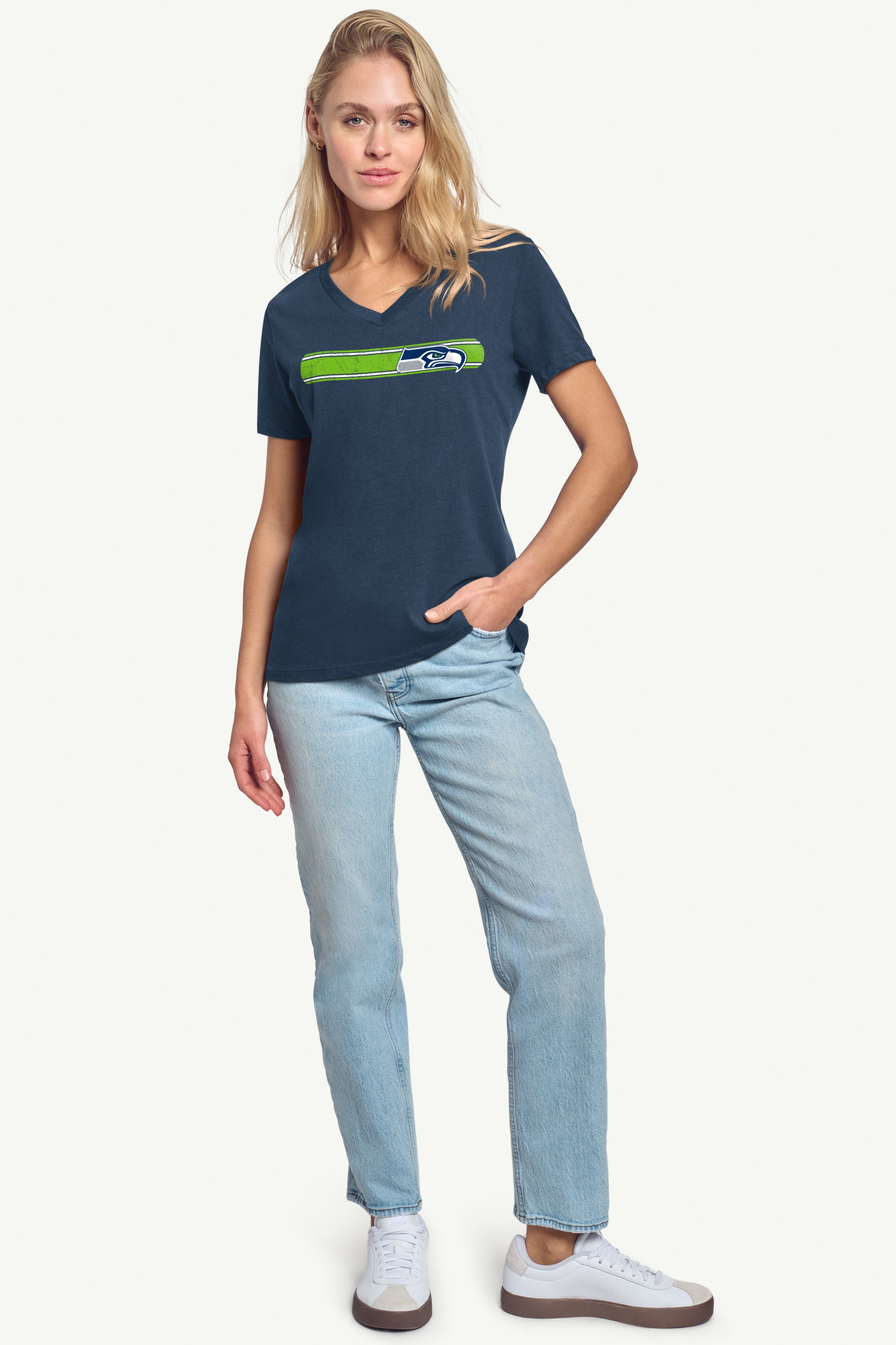 WOMENS SEATTLE SEAHAWKS STRIPE V-NECK T SHIRT View 3 | NFL WOMENS SEATTLE SEAHAWKS STRIPE V-NECK T SHIRT View 3 | NFL