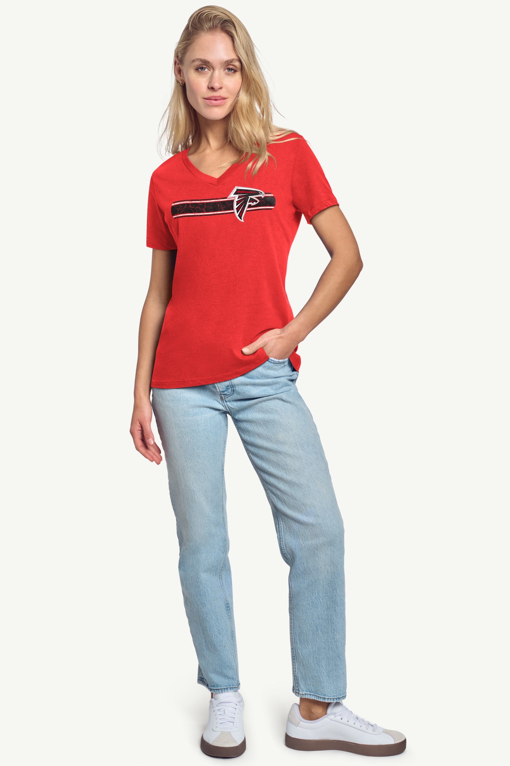 WOMENS ATLANTA FALCONS STRIPE V-NECK T SHIRT View 3 | Atlanta Falcons WOMENS ATLANTA FALCONS STRIPE V-NECK T SHIRT View 3 | Atlanta Falcons