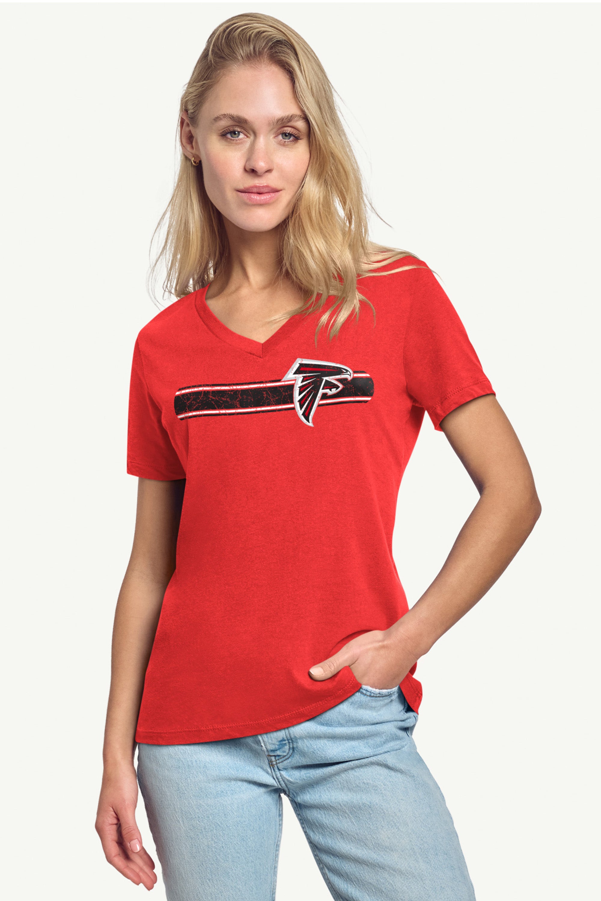 WOMENS ATLANTA FALCONS STRIPE V-NECK T SHIRT View 2 | Atlanta Falcons WOMENS ATLANTA FALCONS STRIPE V-NECK T SHIRT View 2 | Atlanta Falcons