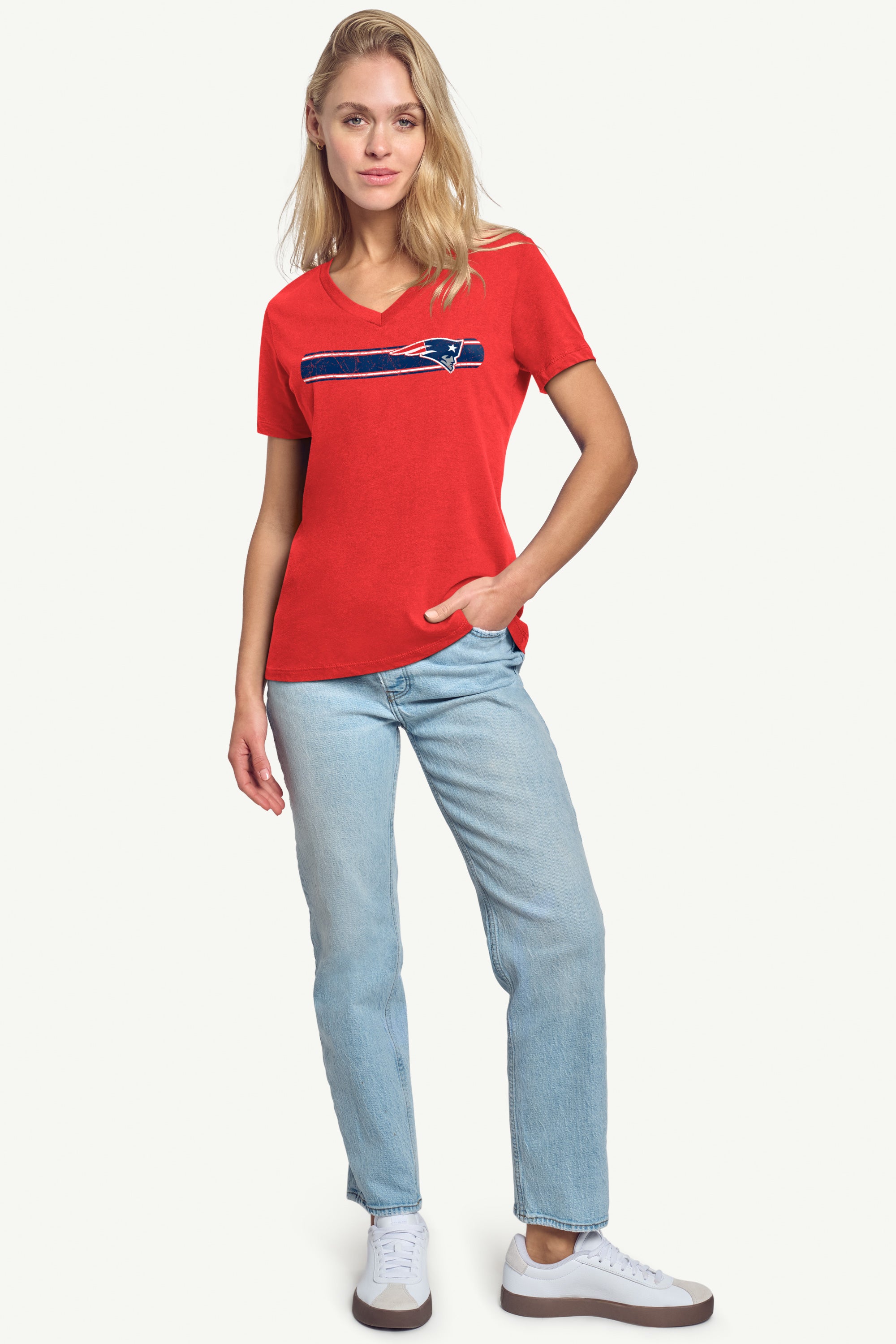 WOMENS NEW ENGLAND PATRIOTS STRIPE V-NECK T SHIRT View 3 | New England Patriots WOMENS NEW ENGLAND PATRIOTS STRIPE V-NECK T SHIRT View 3 | New England Patriots
