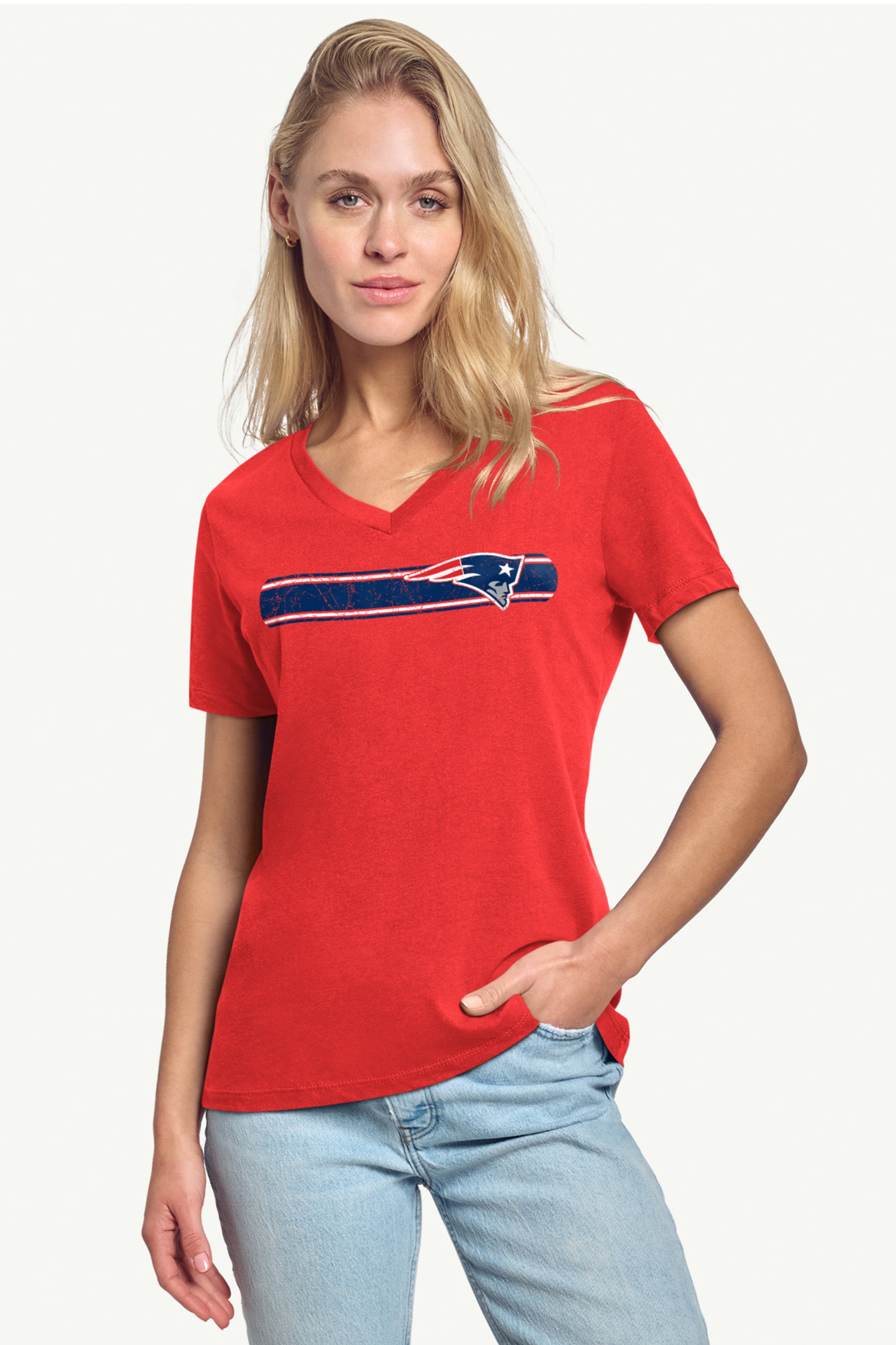 WOMENS NEW ENGLAND PATRIOTS STRIPE V-NECK T SHIRT View 2 | New England Patriots WOMENS NEW ENGLAND PATRIOTS STRIPE V-NECK T SHIRT View 2 | New England Patriots