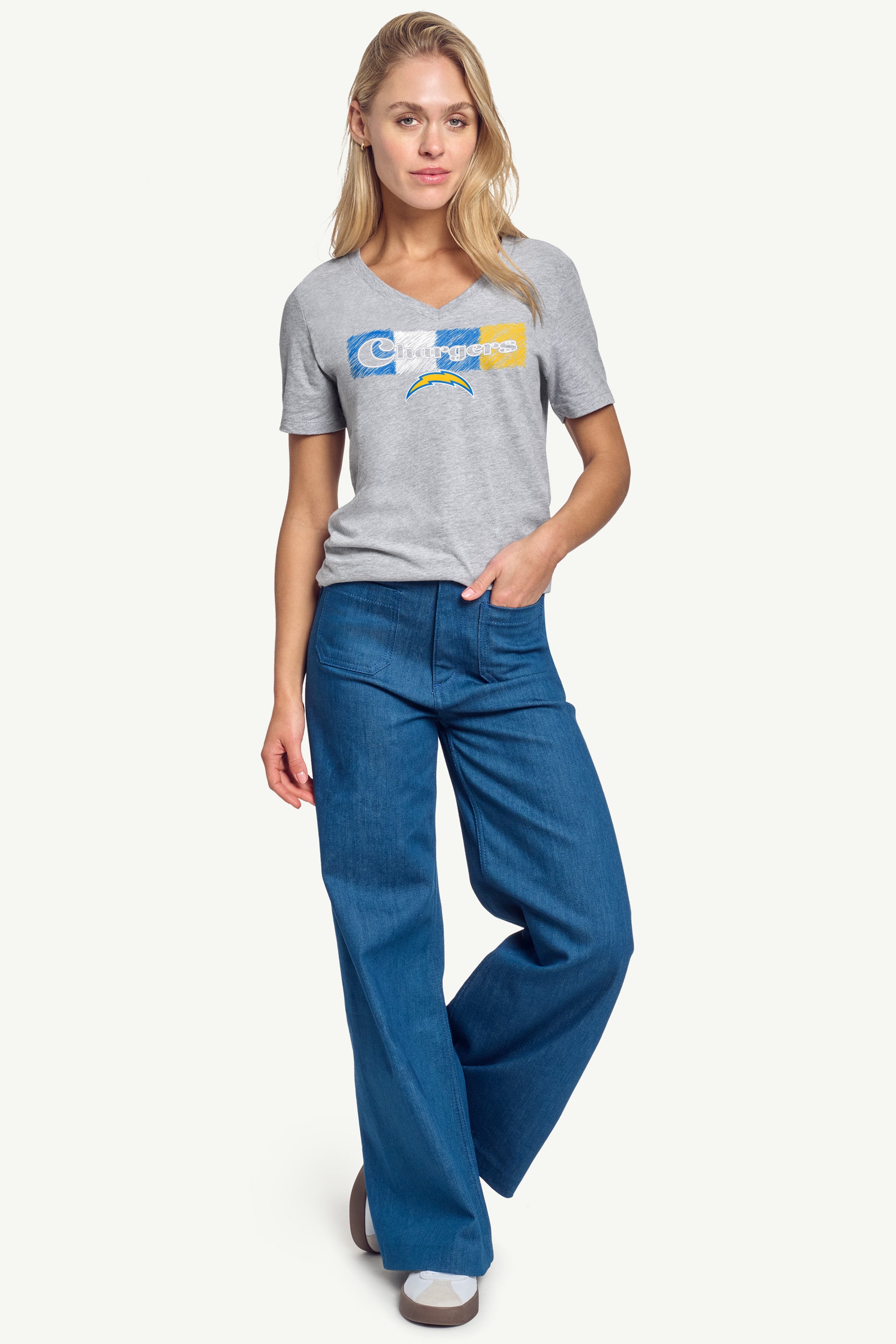 WOMENS LOS ANGELES CHARGERS COLOR SHADDING V-NECK T SHIRT View 2 | Los Angeles Chargers WOMENS LOS ANGELES CHARGERS COLOR SHADDING V-NECK T SHIRT View 2 | Los Angeles Chargers