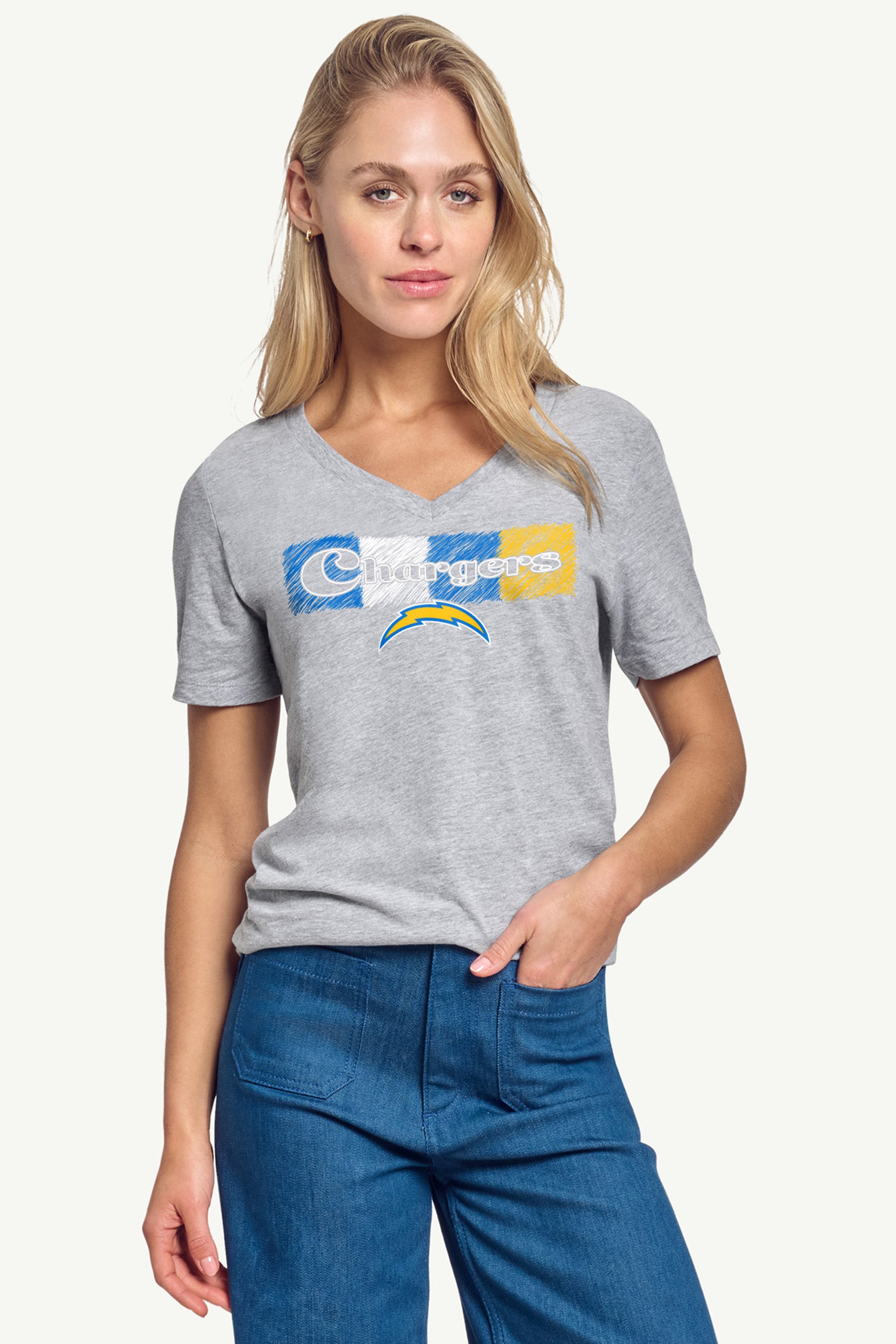 WOMENS LOS ANGELES CHARGERS COLOR SHADDING V-NECK T SHIRT View 3 | Los Angeles Chargers WOMENS LOS ANGELES CHARGERS COLOR SHADDING V-NECK T SHIRT View 3 | Los Angeles Chargers