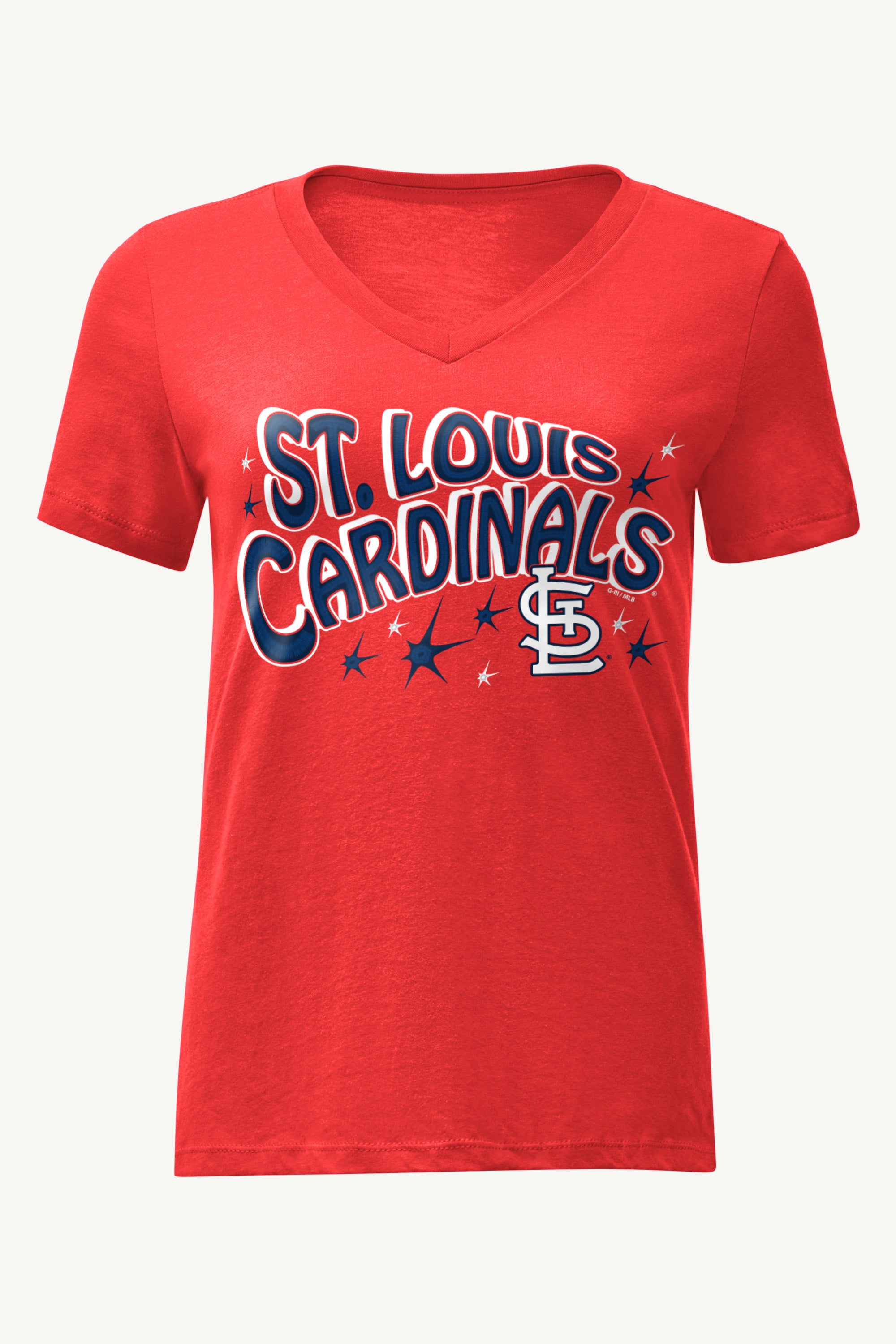 WOMENS ST LOUIS CARDINALS FIREWORKS V NECK T SHIRT View 1 | St. Louis Cardinals WOMENS ST LOUIS CARDINALS FIREWORKS V NECK T SHIRT View 1 | St. Louis Cardinals
