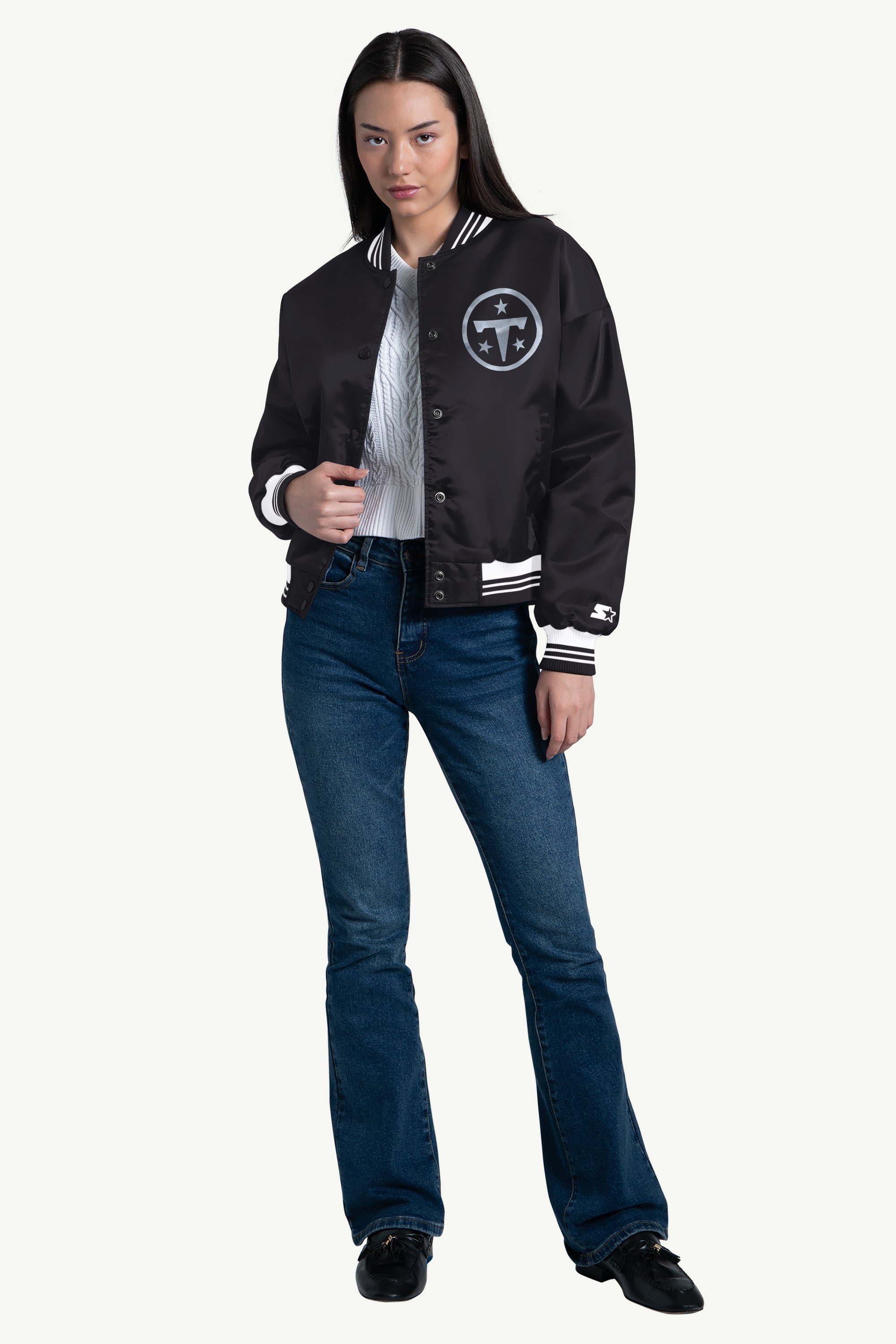 WOMENS TENNESSEE TITANS SCRIPT SATIN VARSITY JACKET View 3 WOMENS TENNESSEE TITANS SCRIPT SATIN VARSITY JACKET View 3