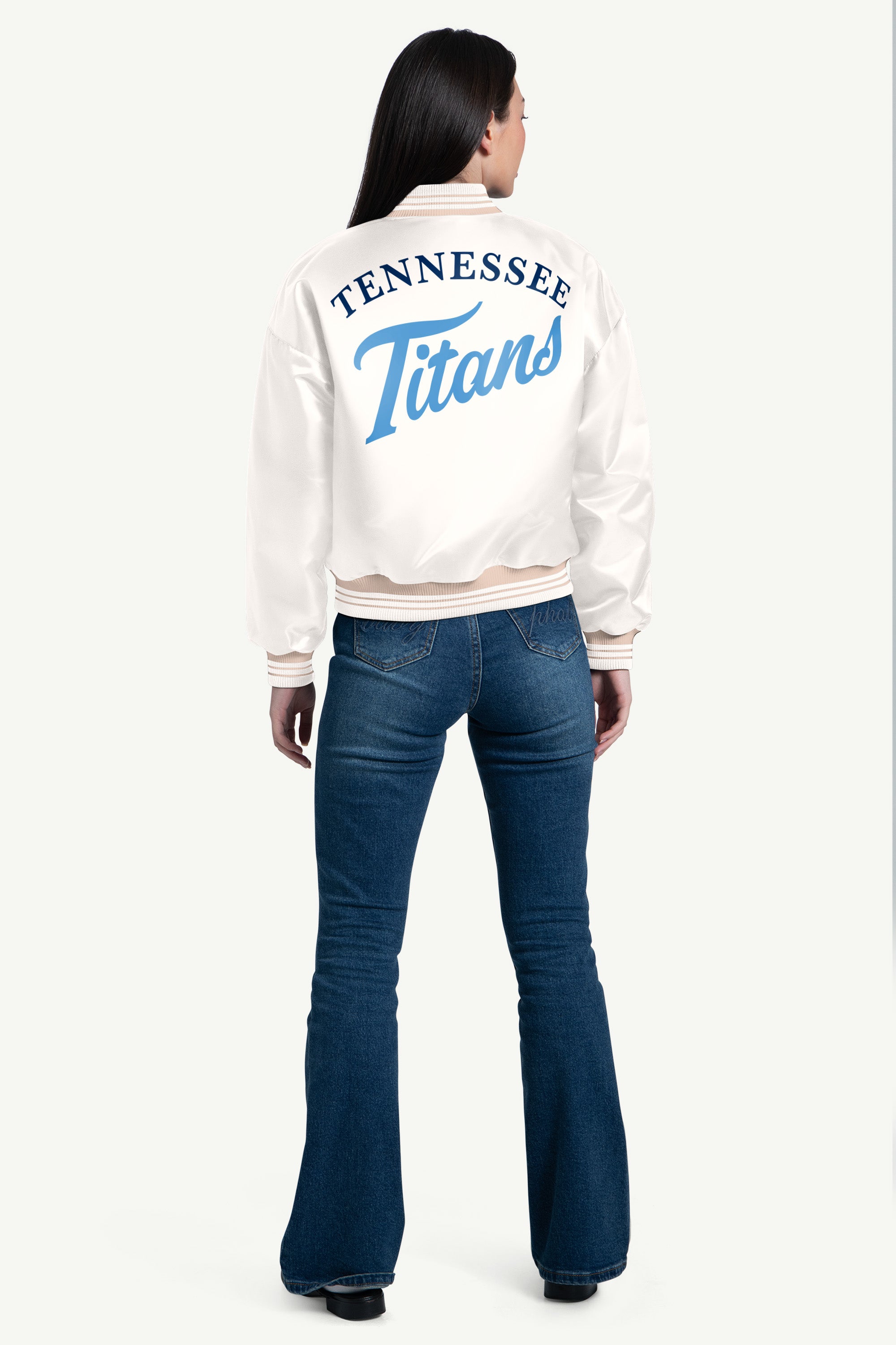WOMENS TENNESSEE TITANS SCRIPT SATIN VARSITY JACKET View 2 | Tennessee Titans WOMENS TENNESSEE TITANS SCRIPT SATIN VARSITY JACKET View 2 | Tennessee Titans