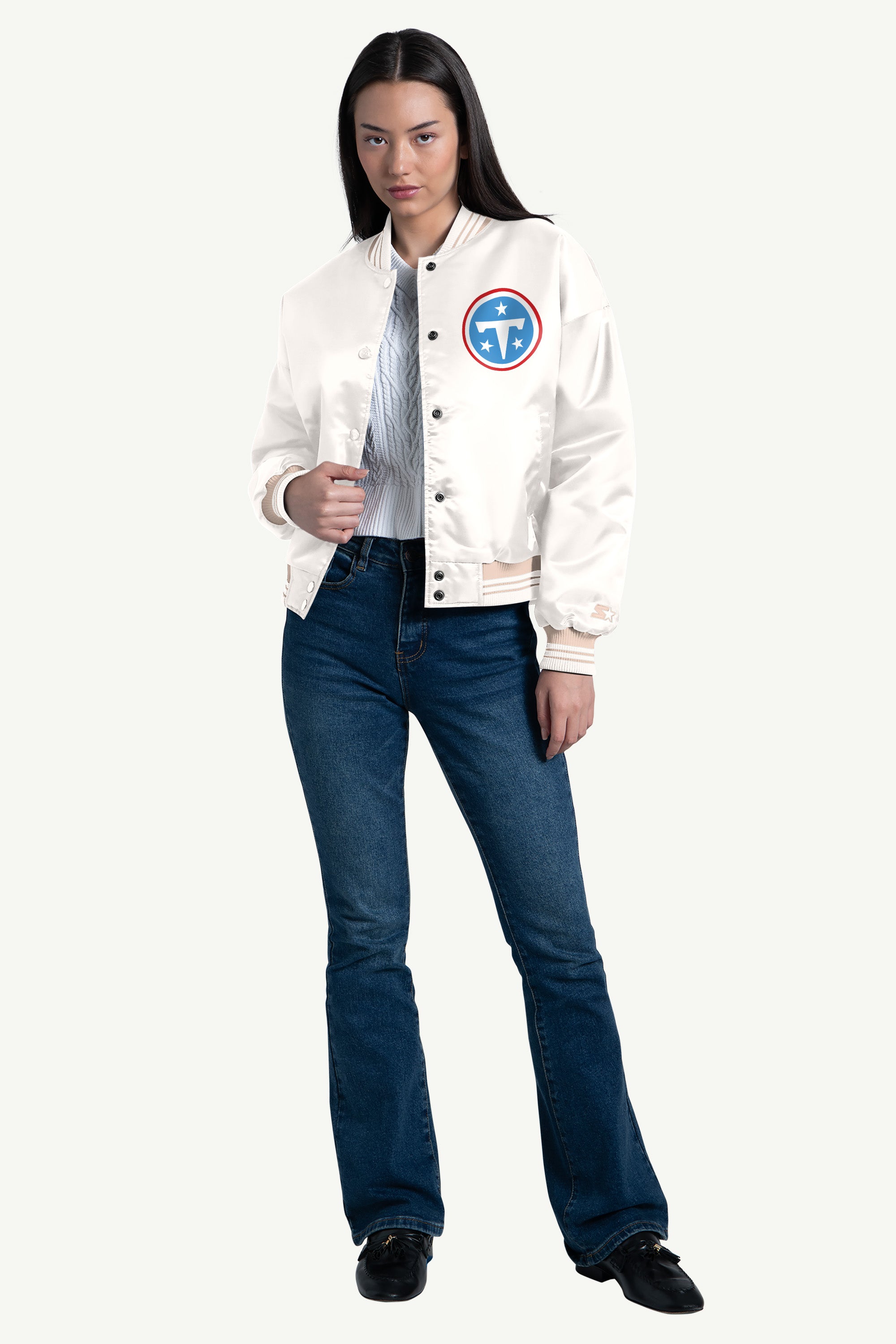 WOMENS TENNESSEE TITANS SCRIPT SATIN VARSITY JACKET View 3 | Tennessee Titans WOMENS TENNESSEE TITANS SCRIPT SATIN VARSITY JACKET View 3 | Tennessee Titans