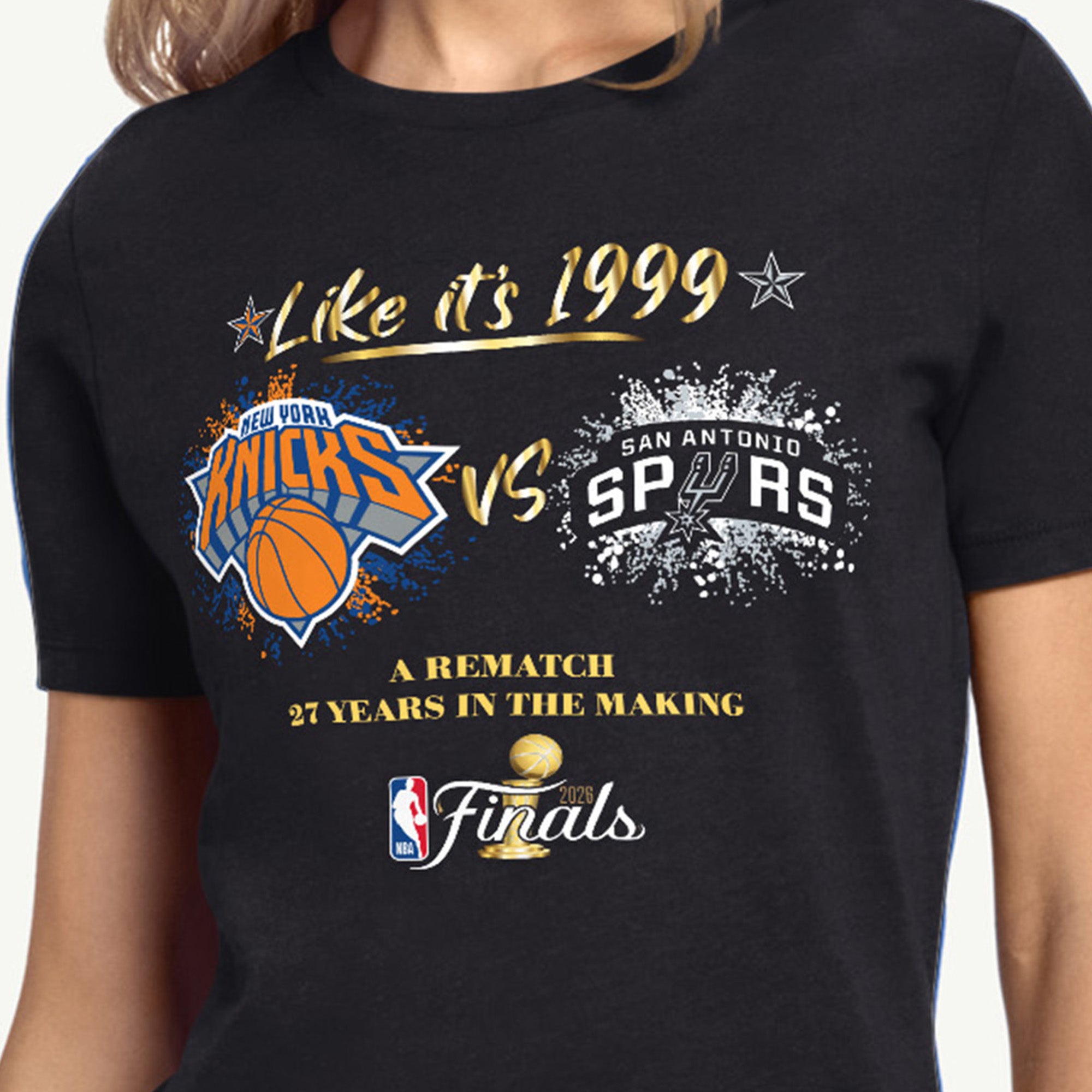WOMENS NEW YORK KNICKS VS SAN ANTONIO SPURS 2026 NBA FINALS T SHIRT View 2 | NBA WOMENS NEW YORK KNICKS VS SAN ANTONIO SPURS 2026 NBA FINALS T SHIRT View 2 | NBA