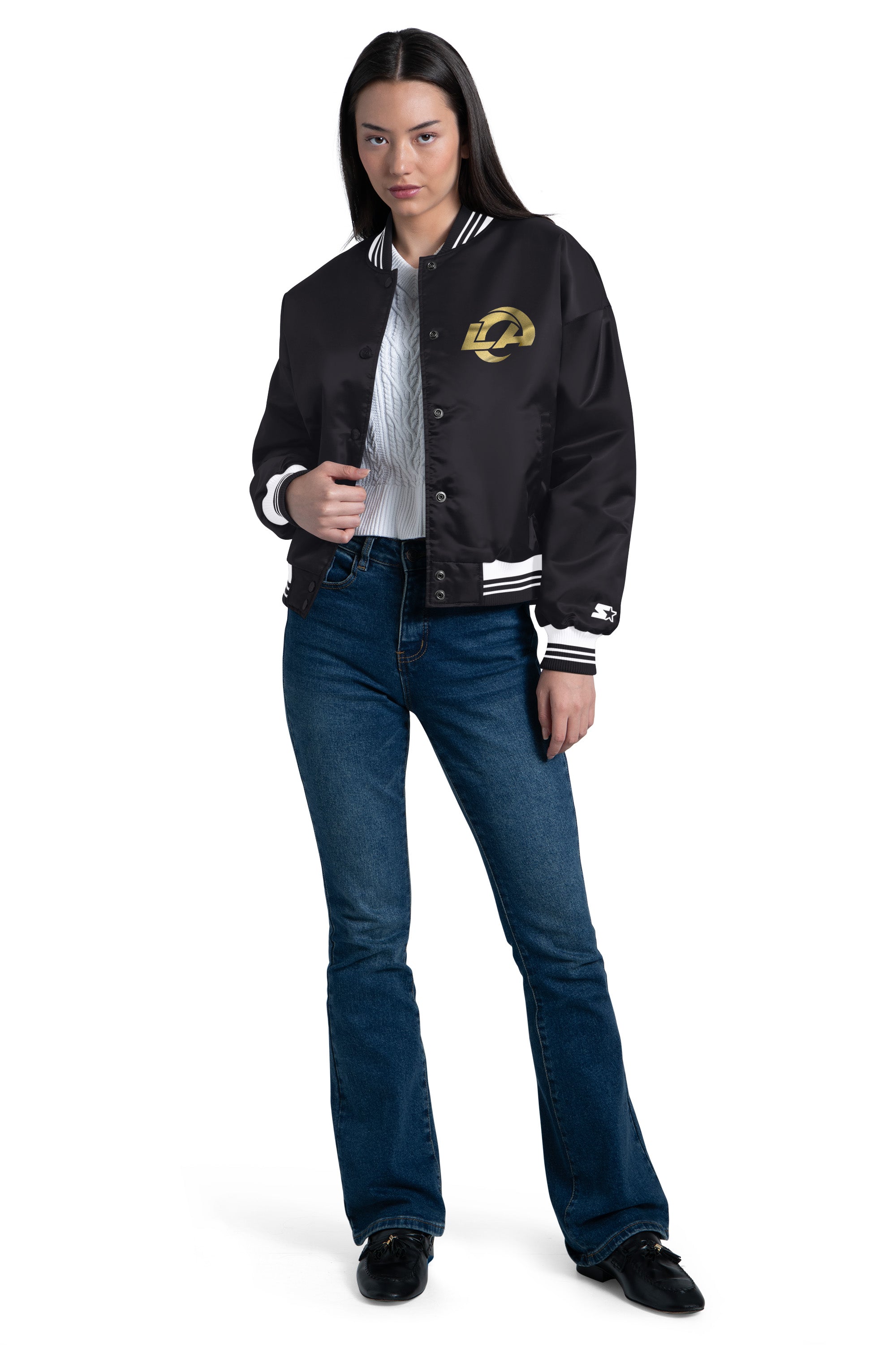 WOMENS LOS ANGELES RAMS SCRIPT SATIN VARSITY JACKET View 1 | NFL WOMENS LOS ANGELES RAMS SCRIPT SATIN VARSITY JACKET View 1 | NFL