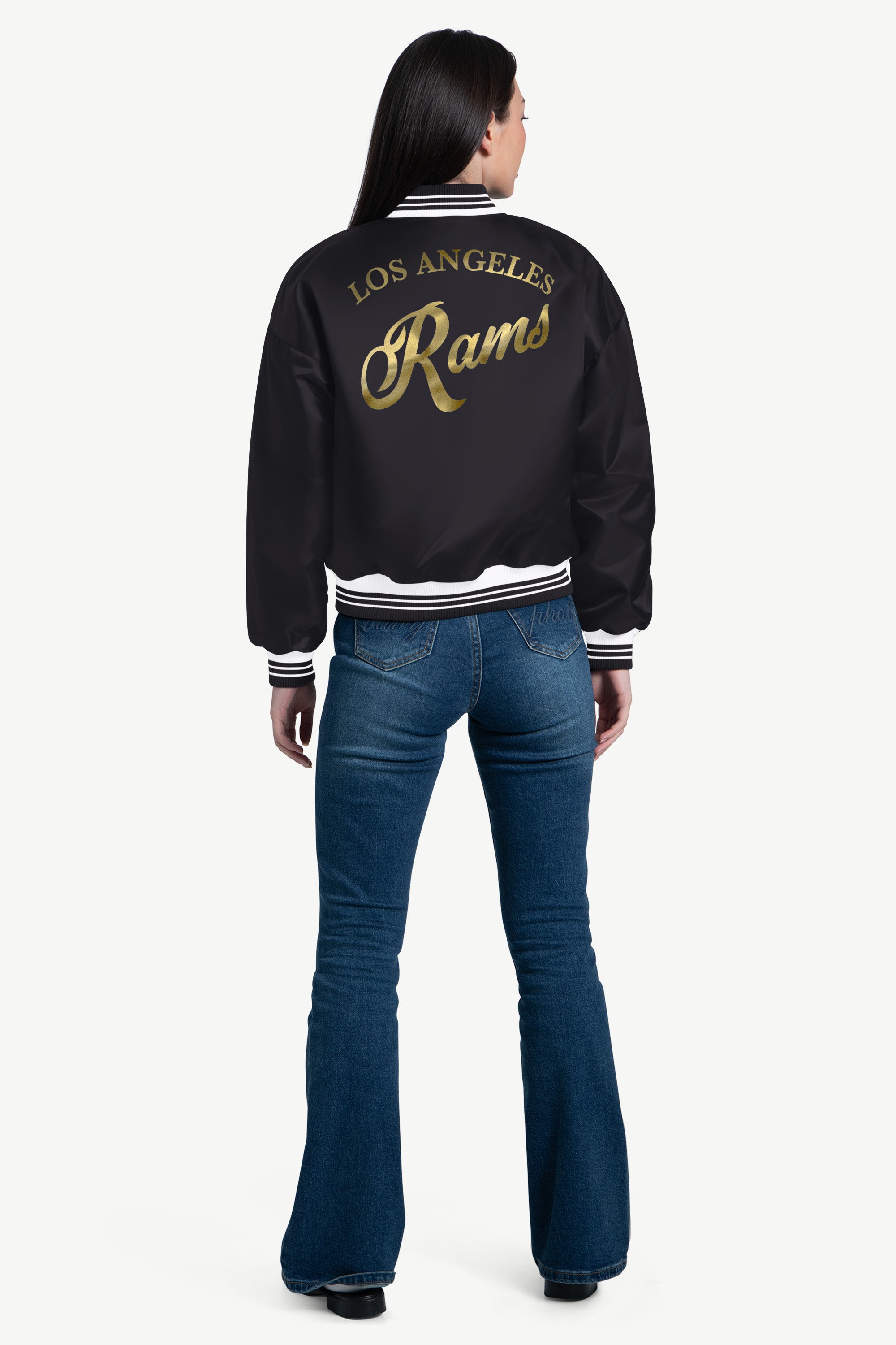 WOMENS LOS ANGELES RAMS SCRIPT SATIN VARSITY JACKET View 2 | NFL WOMENS LOS ANGELES RAMS SCRIPT SATIN VARSITY JACKET View 2 | NFL