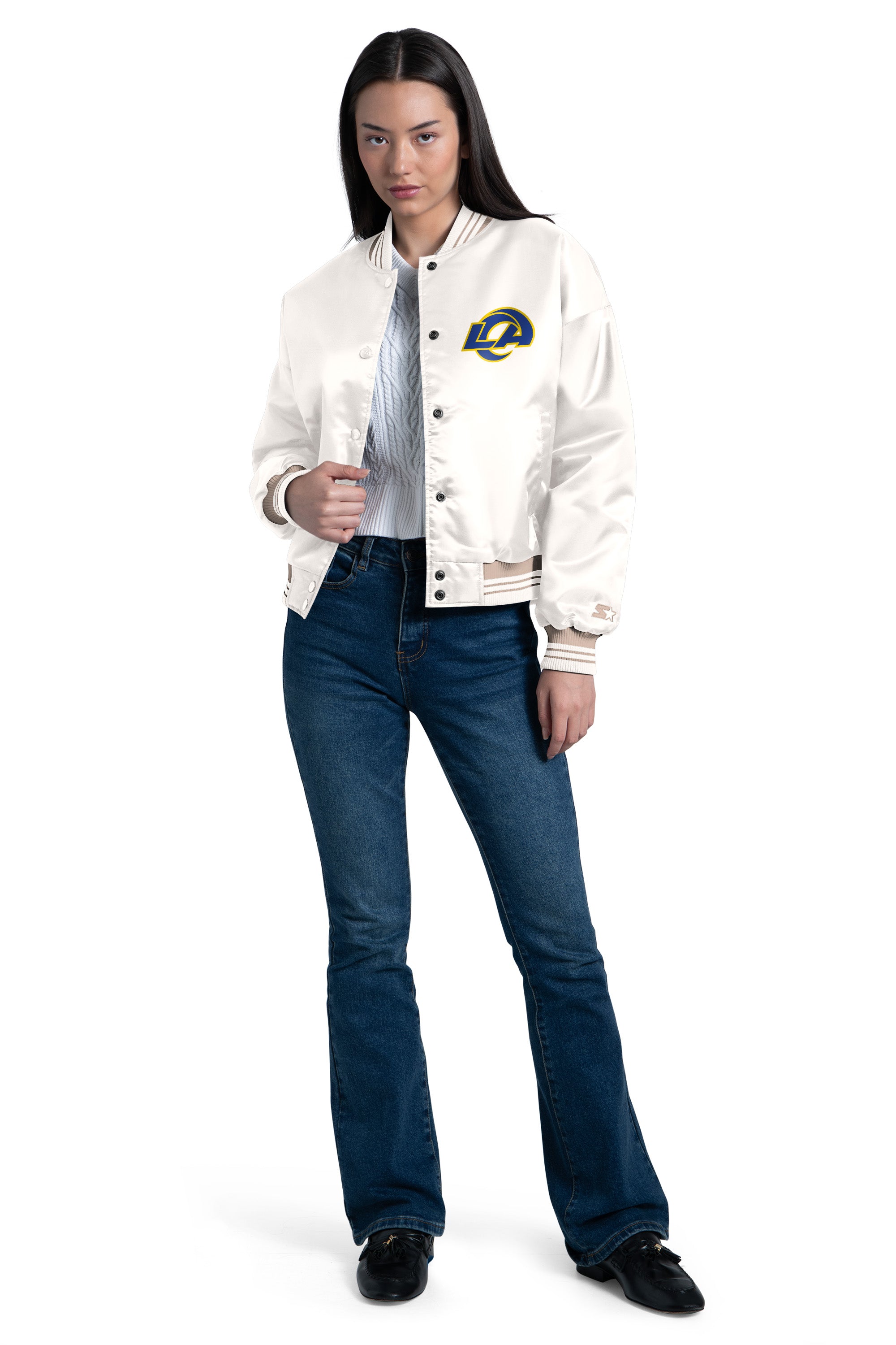 WOMENS LOS ANGELES RAMS SCRIPT SATIN VARSITY JACKET View 1 | Los Angeles Rams WOMENS LOS ANGELES RAMS SCRIPT SATIN VARSITY JACKET View 1 | Los Angeles Rams