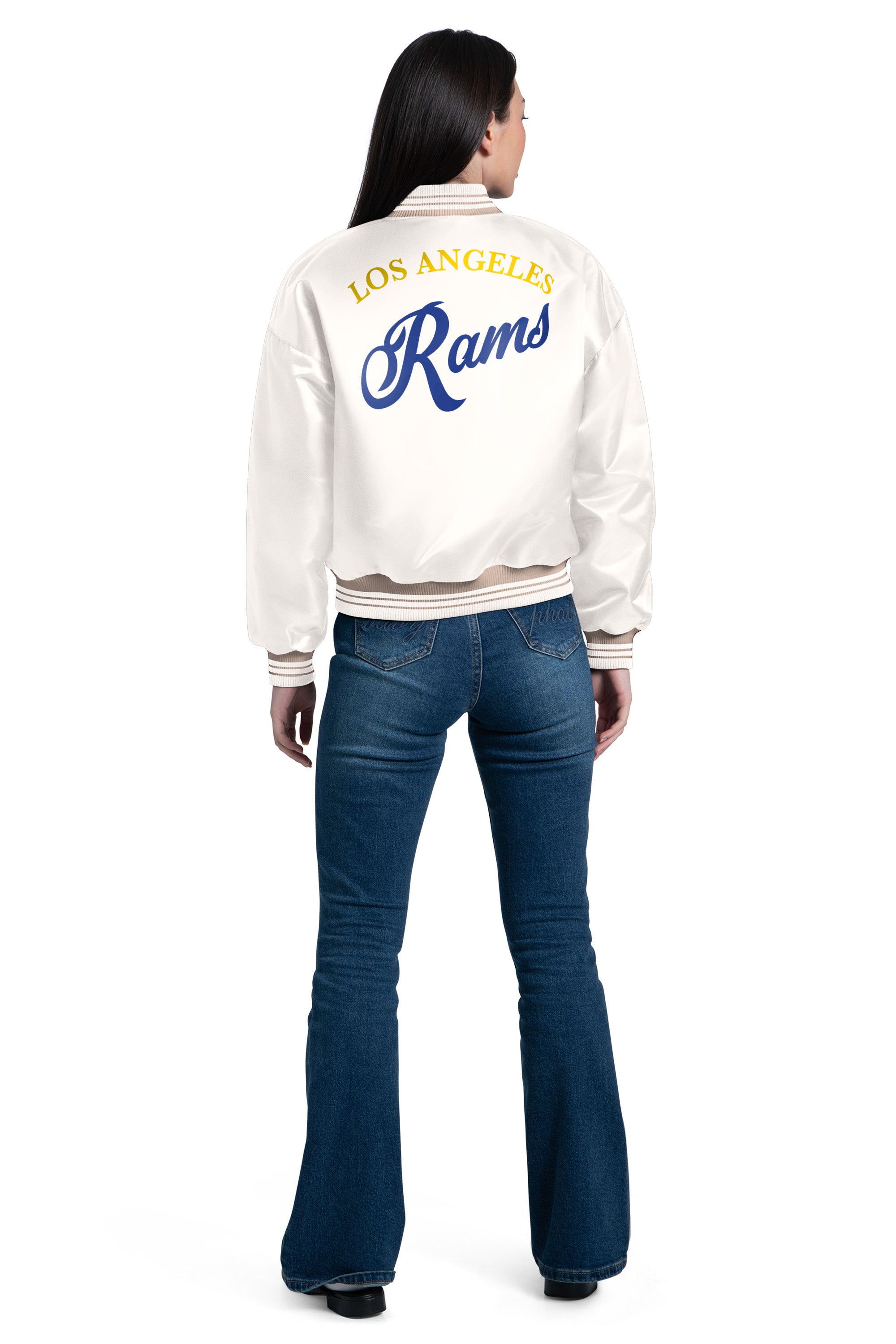 WOMENS LOS ANGELES RAMS SCRIPT SATIN VARSITY JACKET View 2 | Los Angeles Rams WOMENS LOS ANGELES RAMS SCRIPT SATIN VARSITY JACKET View 2 | Los Angeles Rams