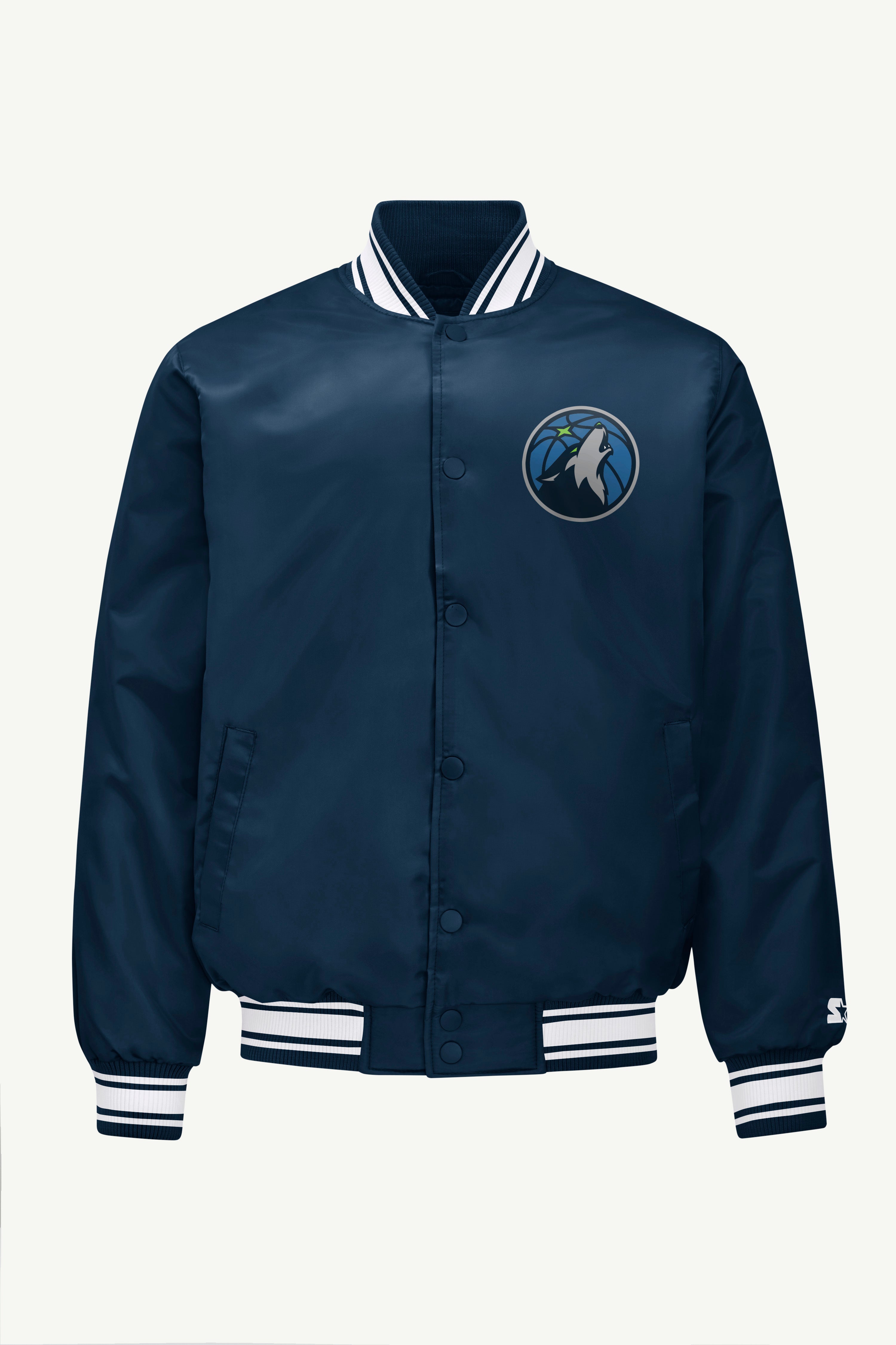 MENS MINNESOTA TIMBERWOLVES MESH LOOK SATIN VARSITY JACKET View 1