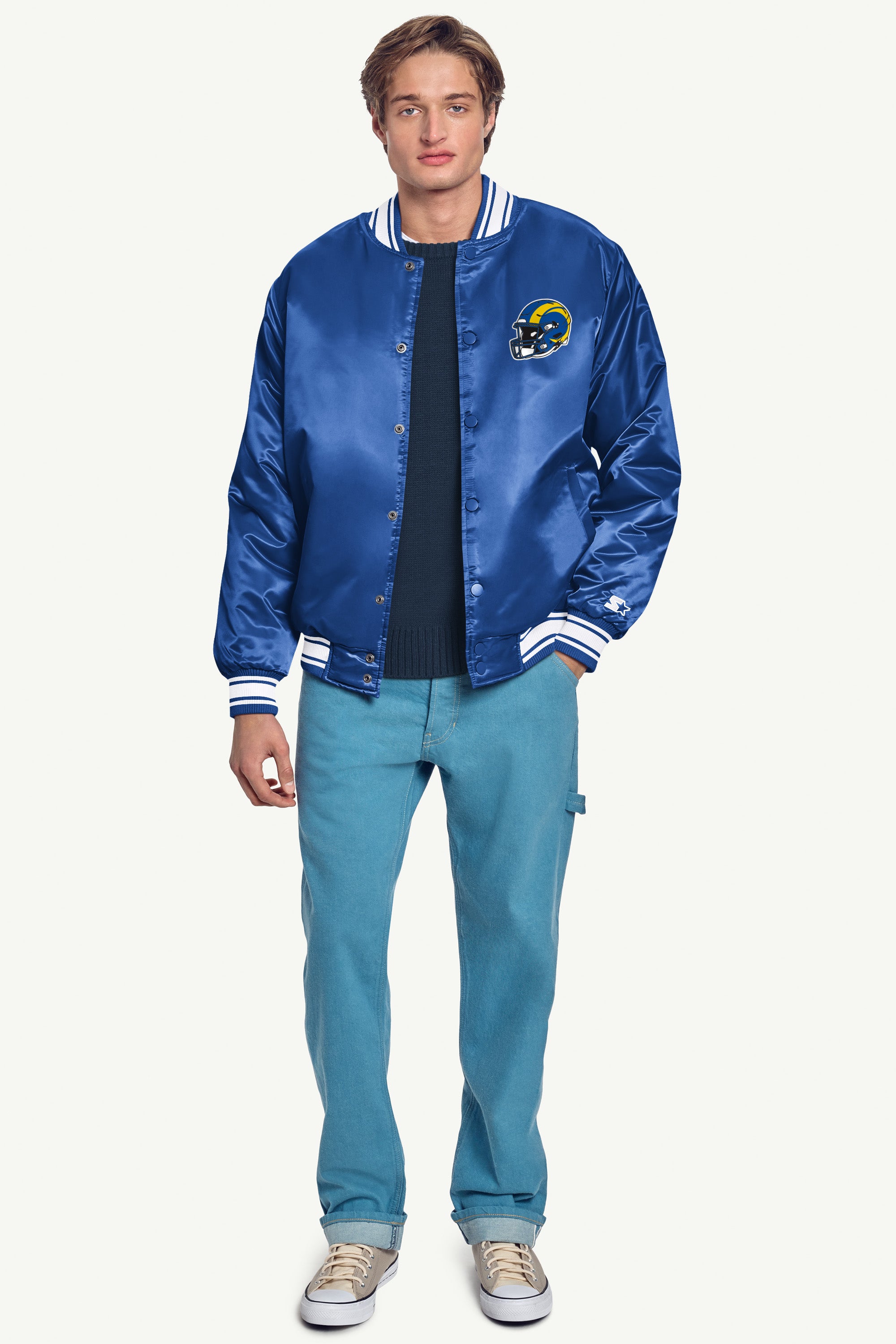 MENS LOS ANGELES RAMS TRIANGLE PRINTED GRAPHIC SATIN VARSITY JACKET View 4