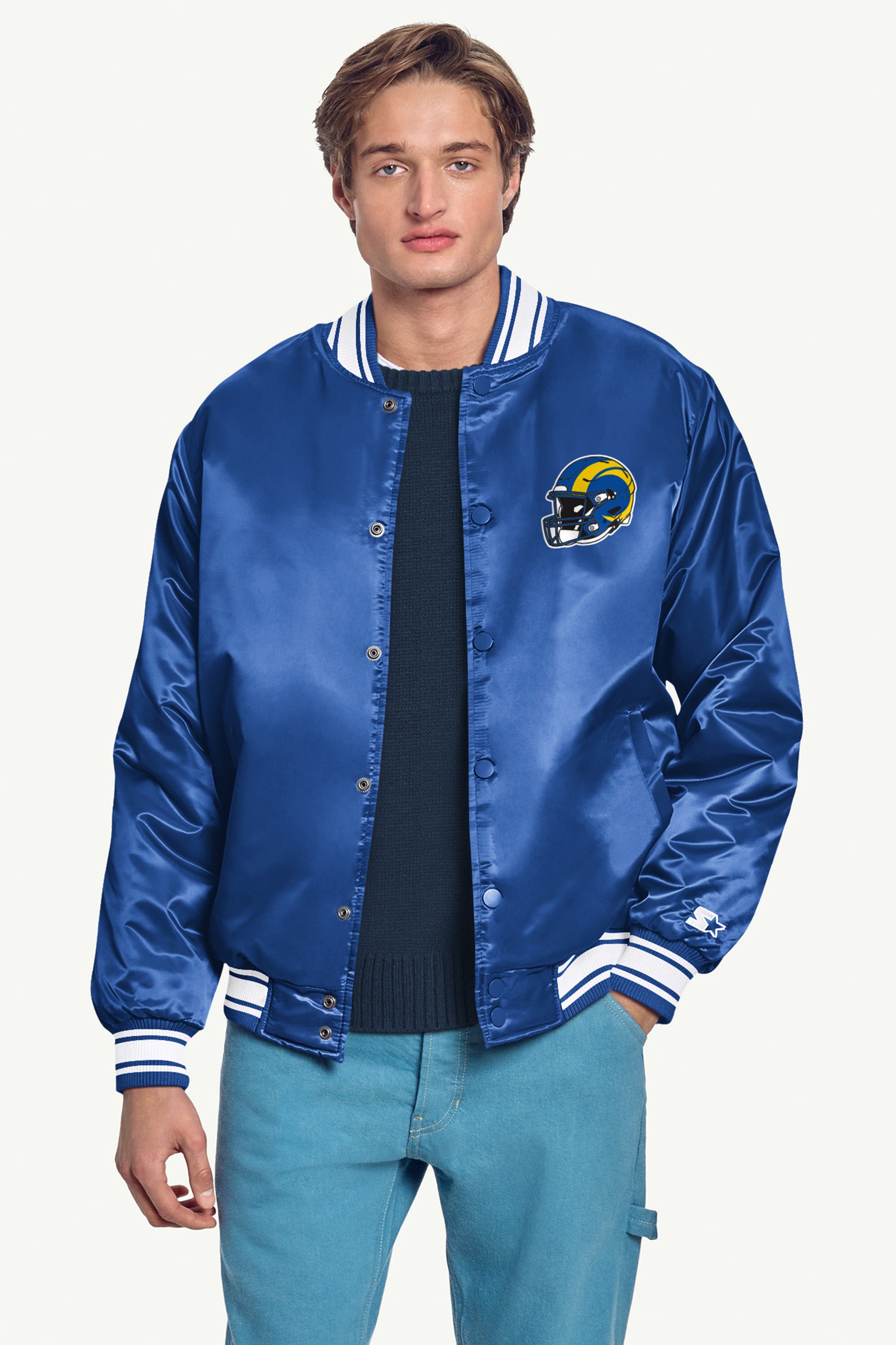 MENS LOS ANGELES RAMS TRIANGLE PRINTED GRAPHIC SATIN VARSITY JACKET View 3