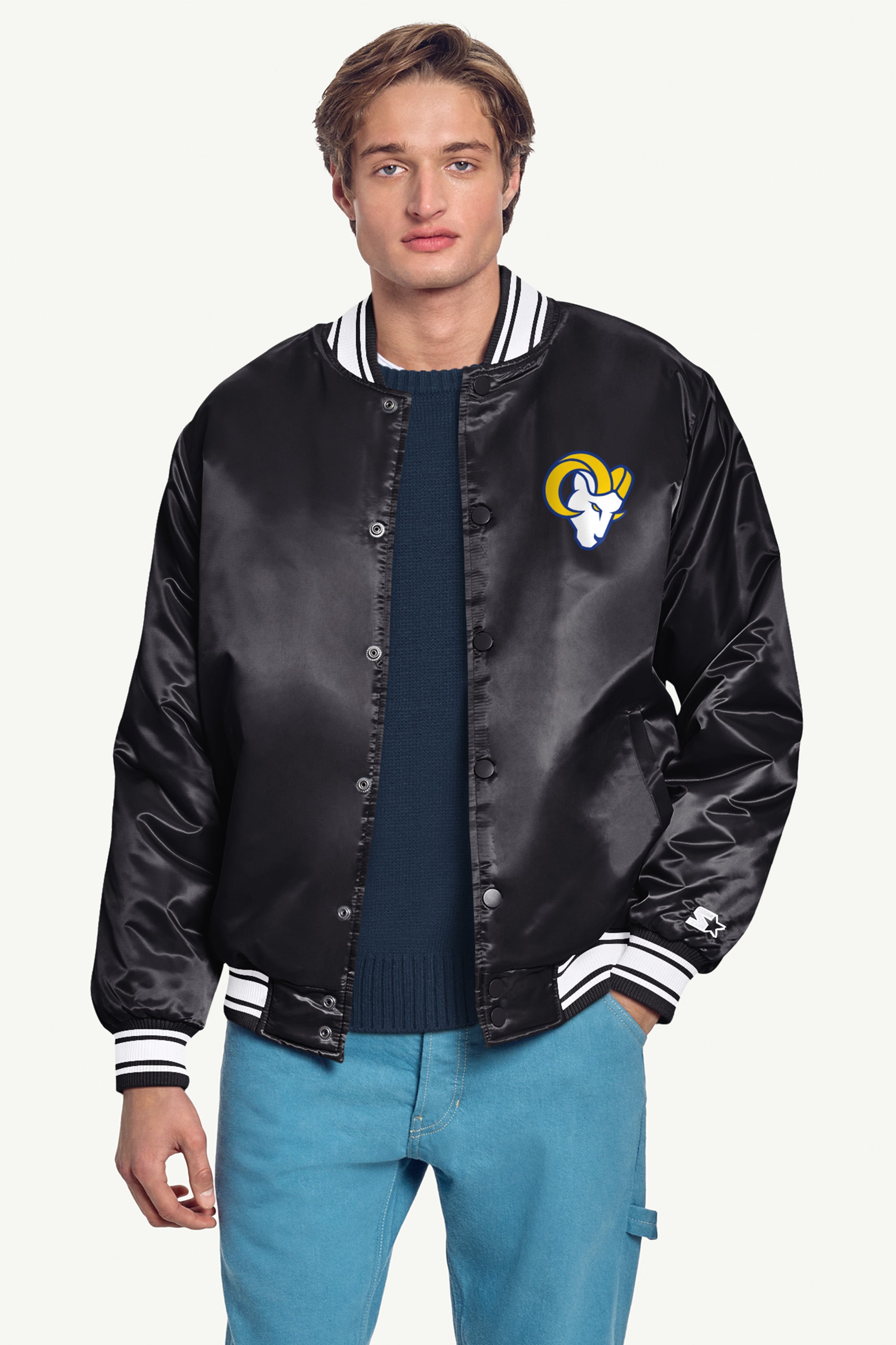 MENS LOS ANGELES RAMS MESH PRINTED GRAPHIC LOOK SATIN VARSITY JACKET View 3