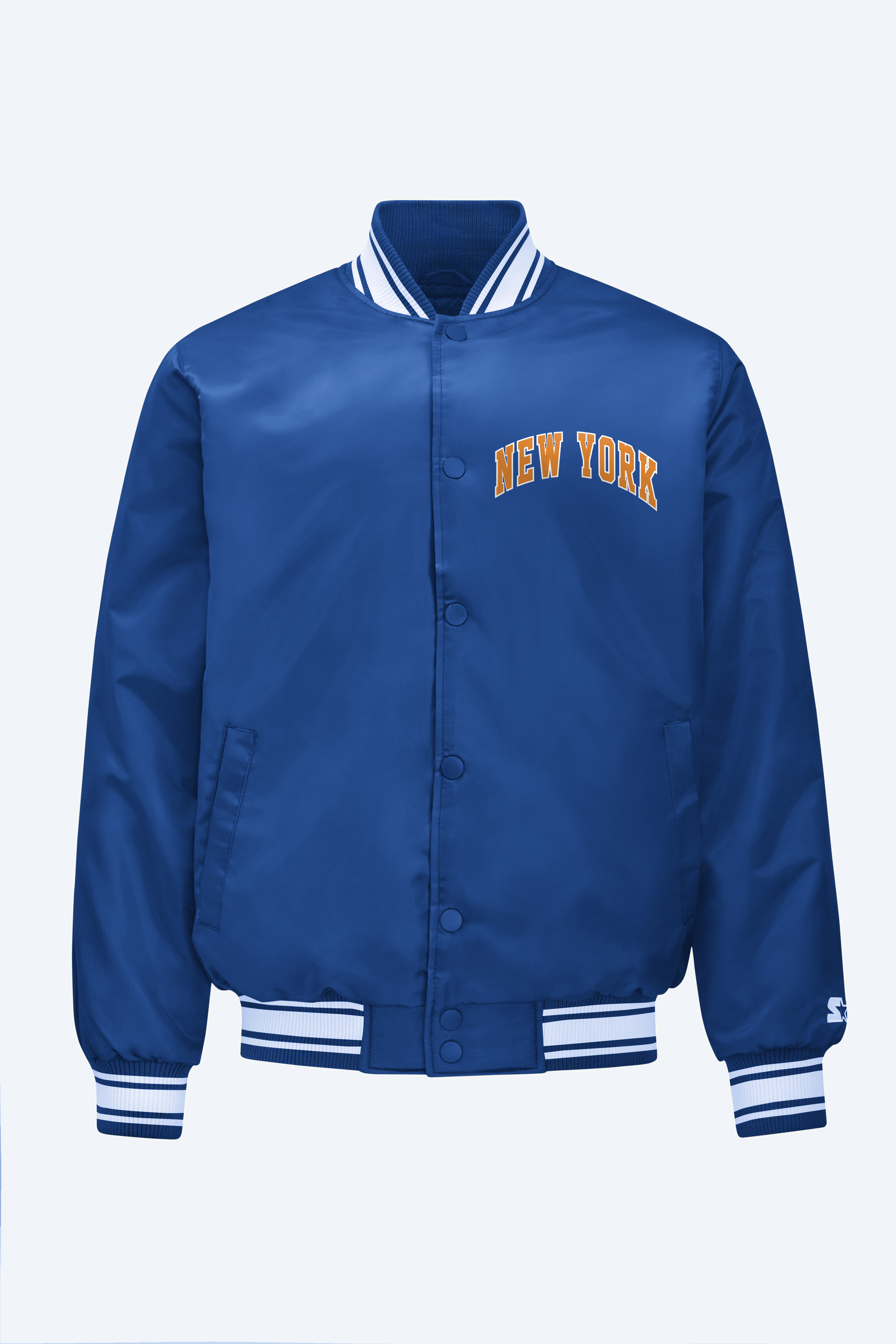 MENS NEW YORK KNICKS PRINTED GRAPHIC SATIN VARSITY JACKET View 1 | New York Knicks