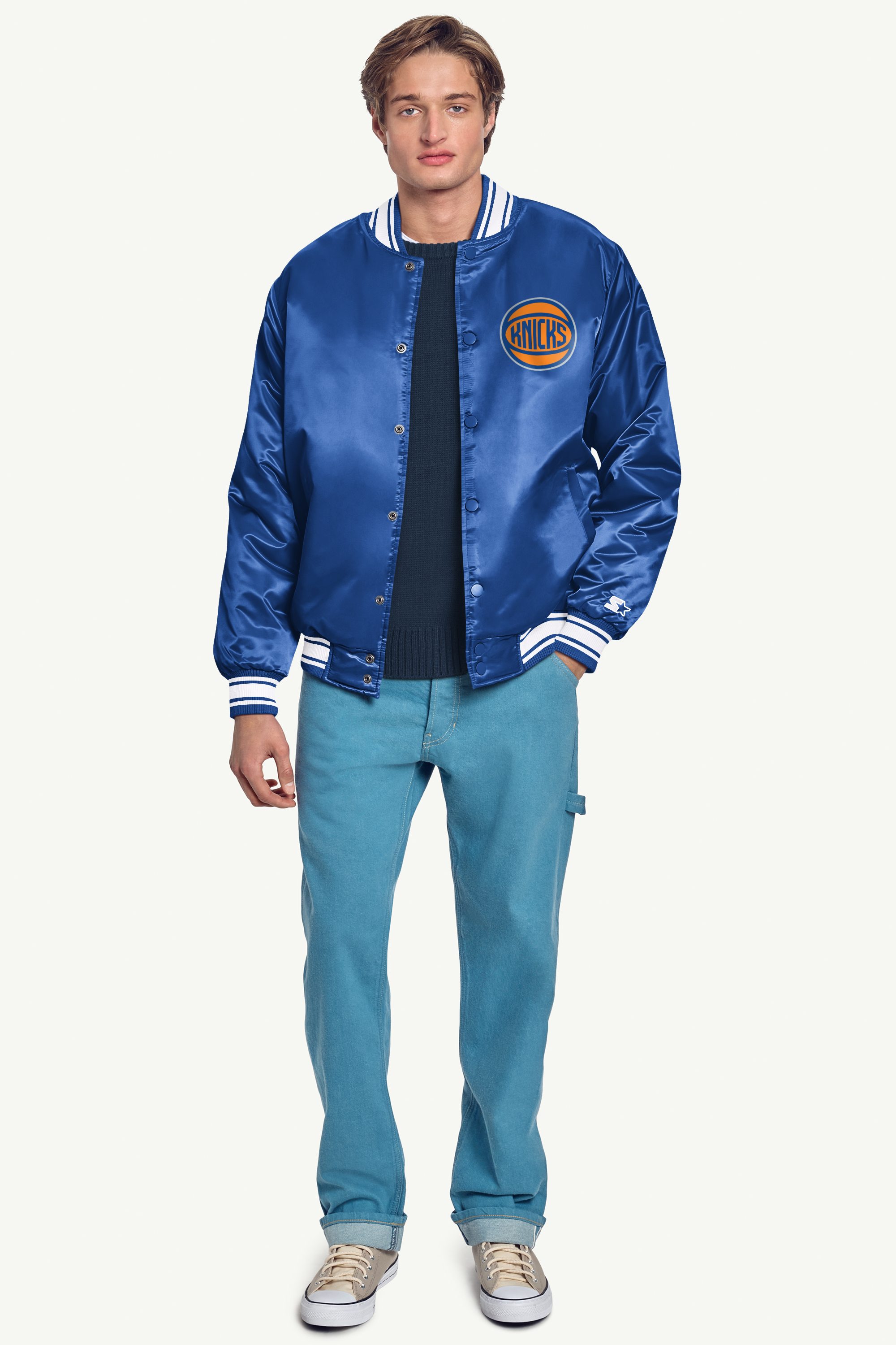 MENS NEW YORK KNICKS PRINTED GRAPHIC BASKETBALL SATIN VARSITY JACKET View 4 | Starter Jackets