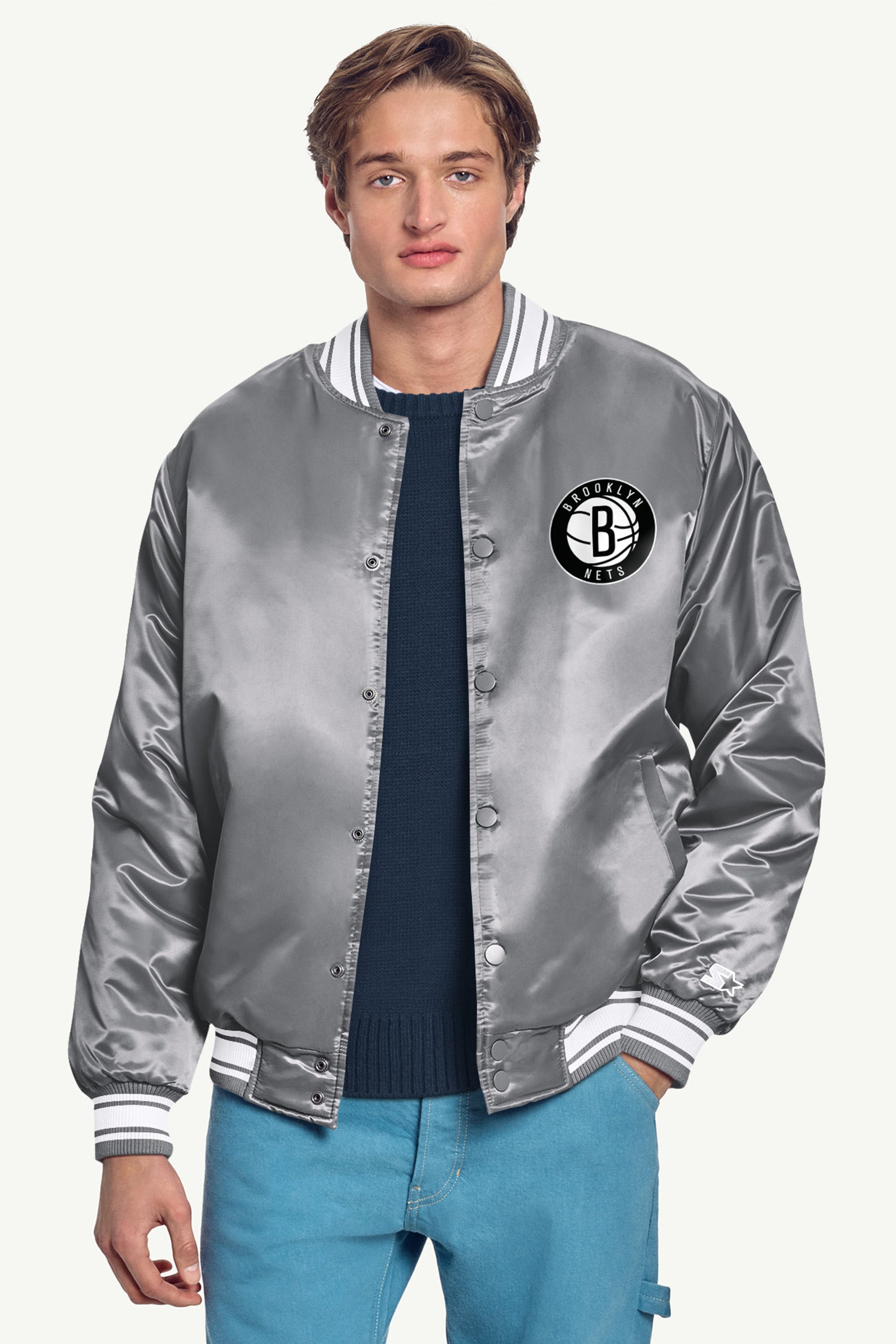 Mens Brooklyn Nets Mesh Look Satin Varsity Jacket | NBA | Starter