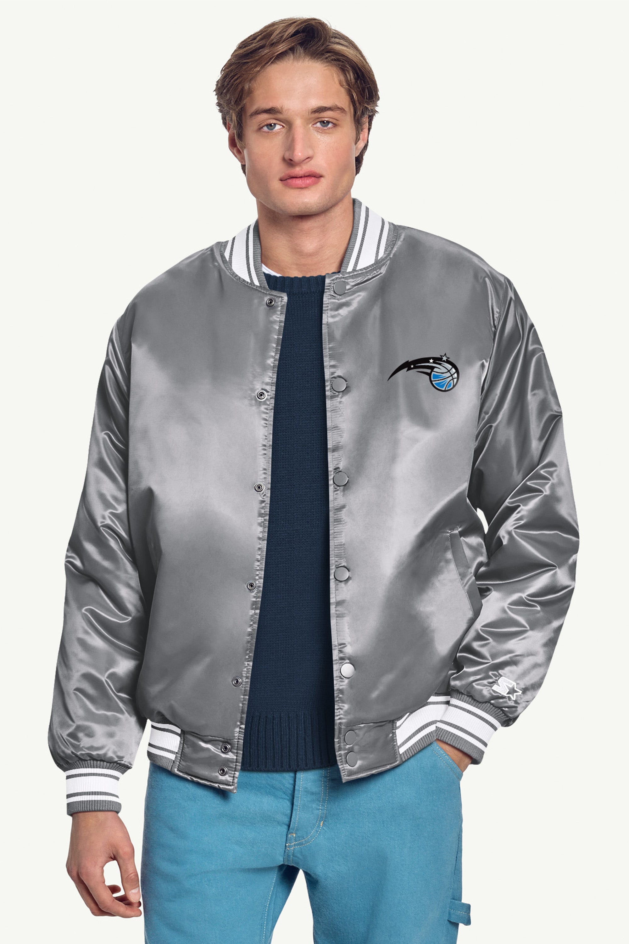 MENS ORLANDO MAGIC MESH LOOK SATIN VARSITY JACKET View 3