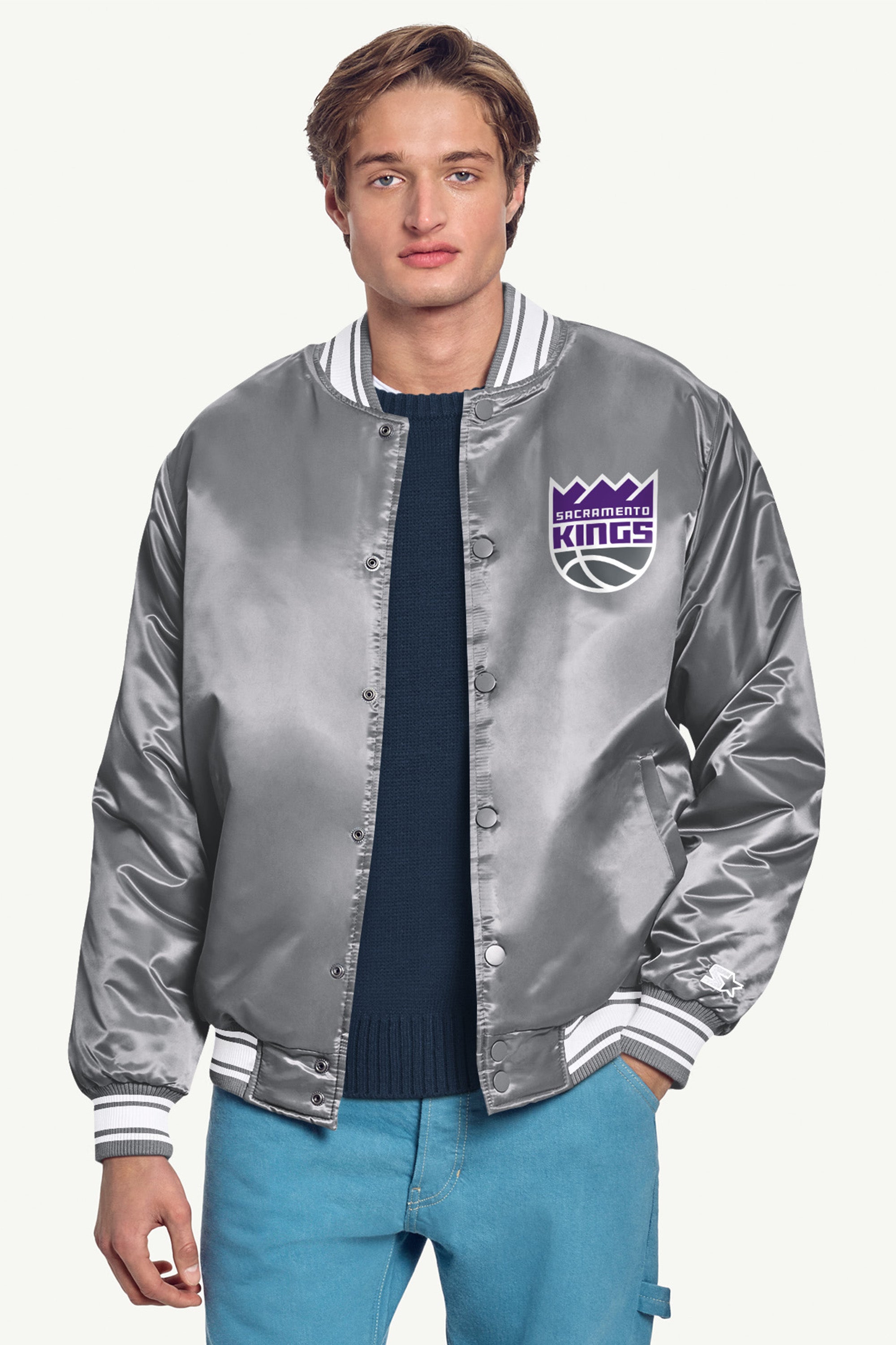 MENS SACRAMENTO KINGS MESH LOOK SATIN VARSITY JACKET View 3