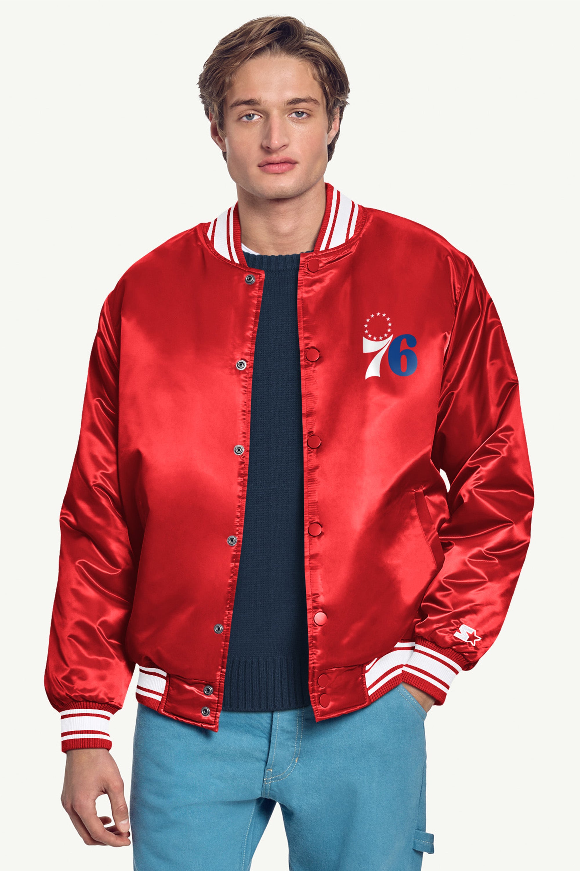Mens Philadephia 76ers Mesh Look Satin Varsity Jacket | NBA | Starter