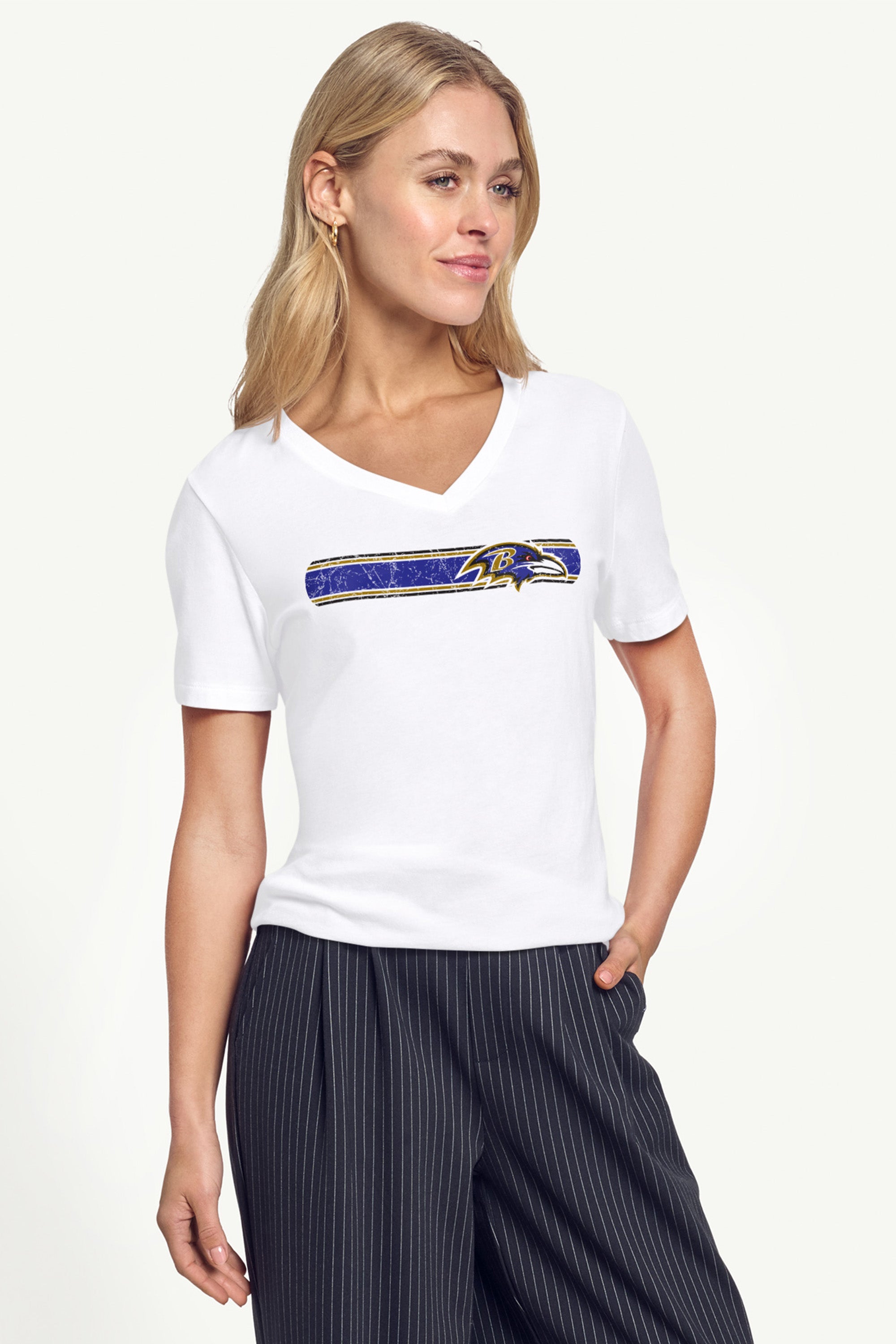 WOMENS BALTIMORE RAVENS STRIPE V-NECK T SHIRT View 2 | NFL WOMENS BALTIMORE RAVENS STRIPE V-NECK T SHIRT View 2 | NFL