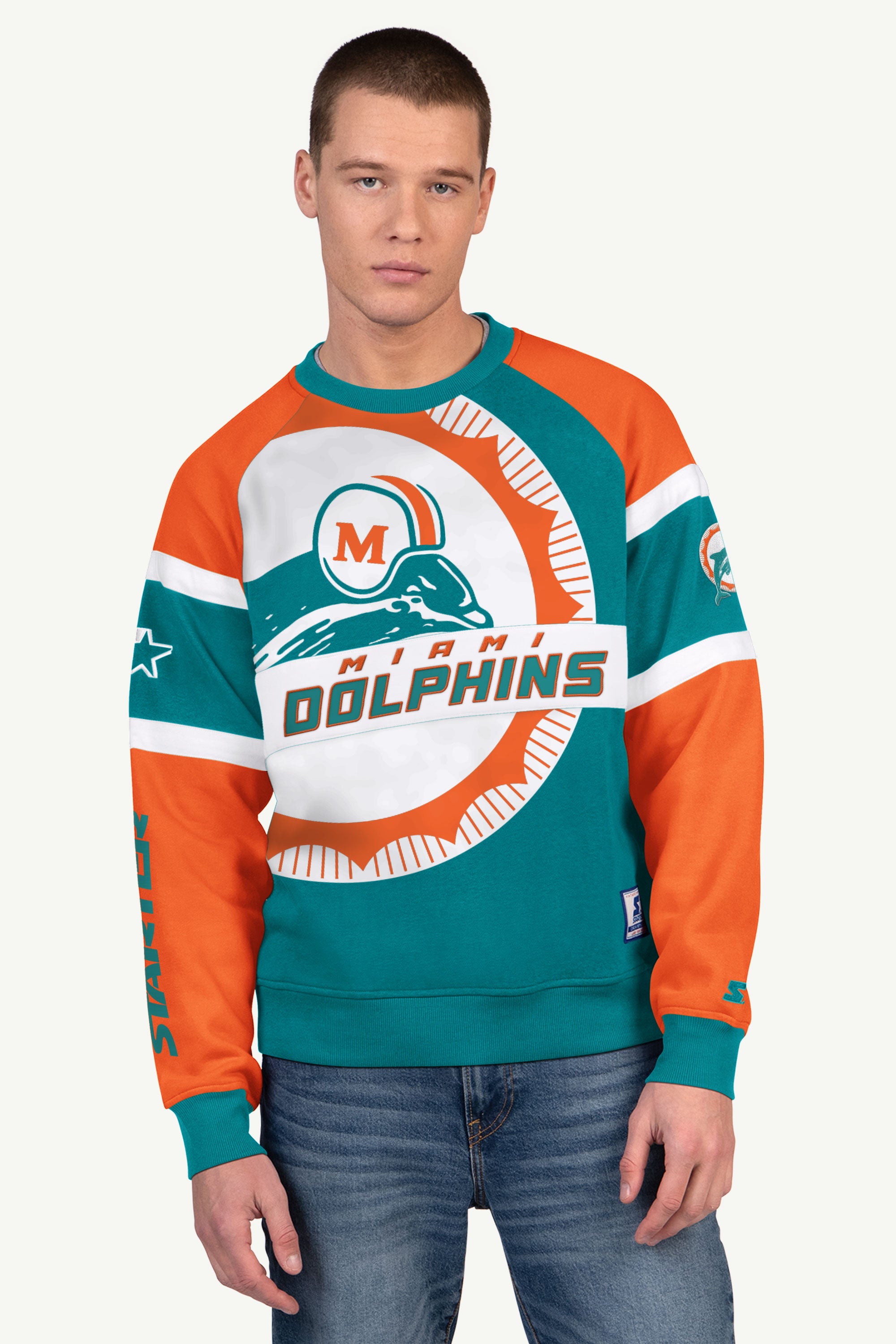 MENS MIAMI DOLPHINS DIME BACK COLORBLOCK CREWNECK View 1 | STARTER CLASSICS