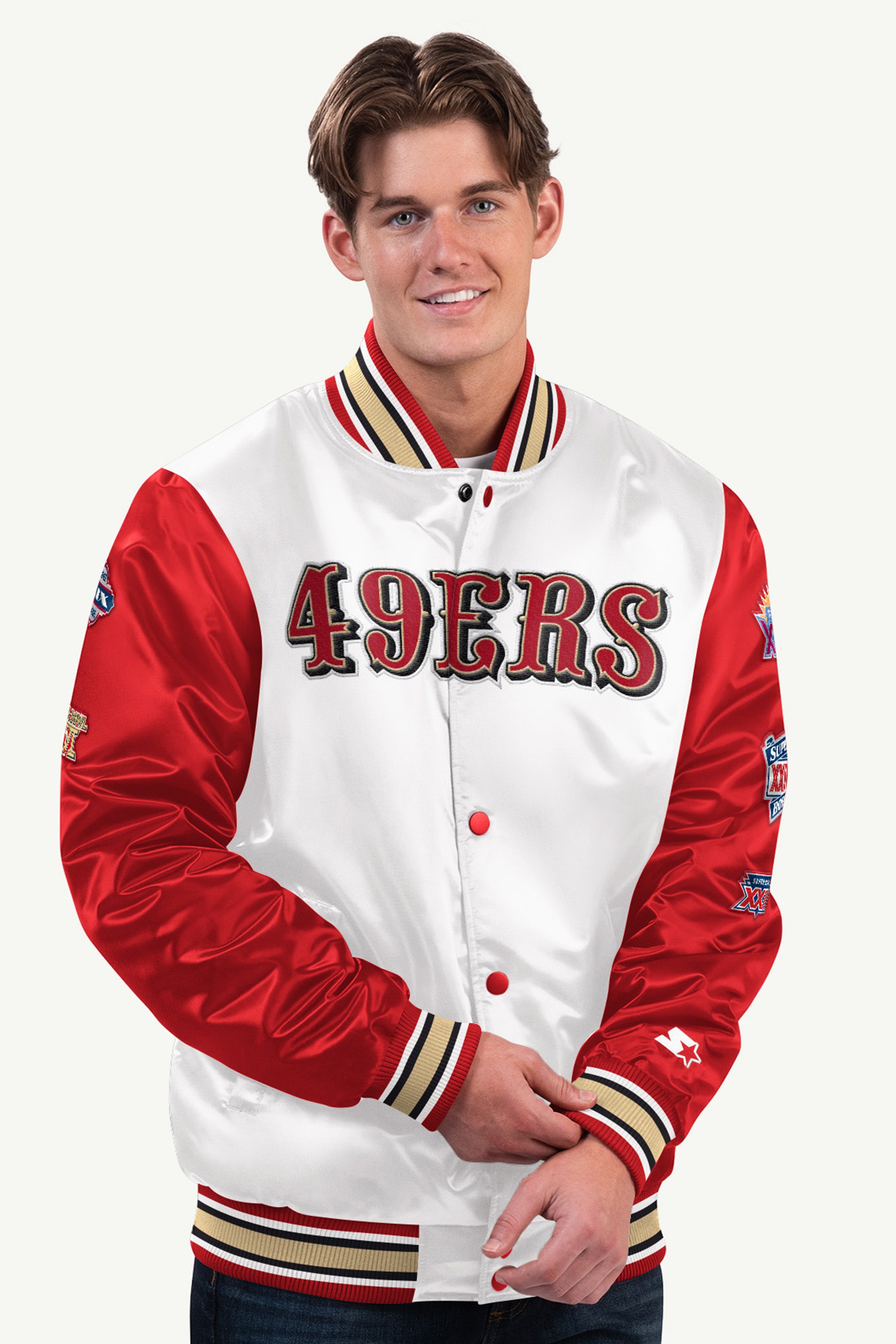 MENS SAN FRANCISCO 49ERS SATIN VARSITY JACKET View 1 | San Francisco 49ers