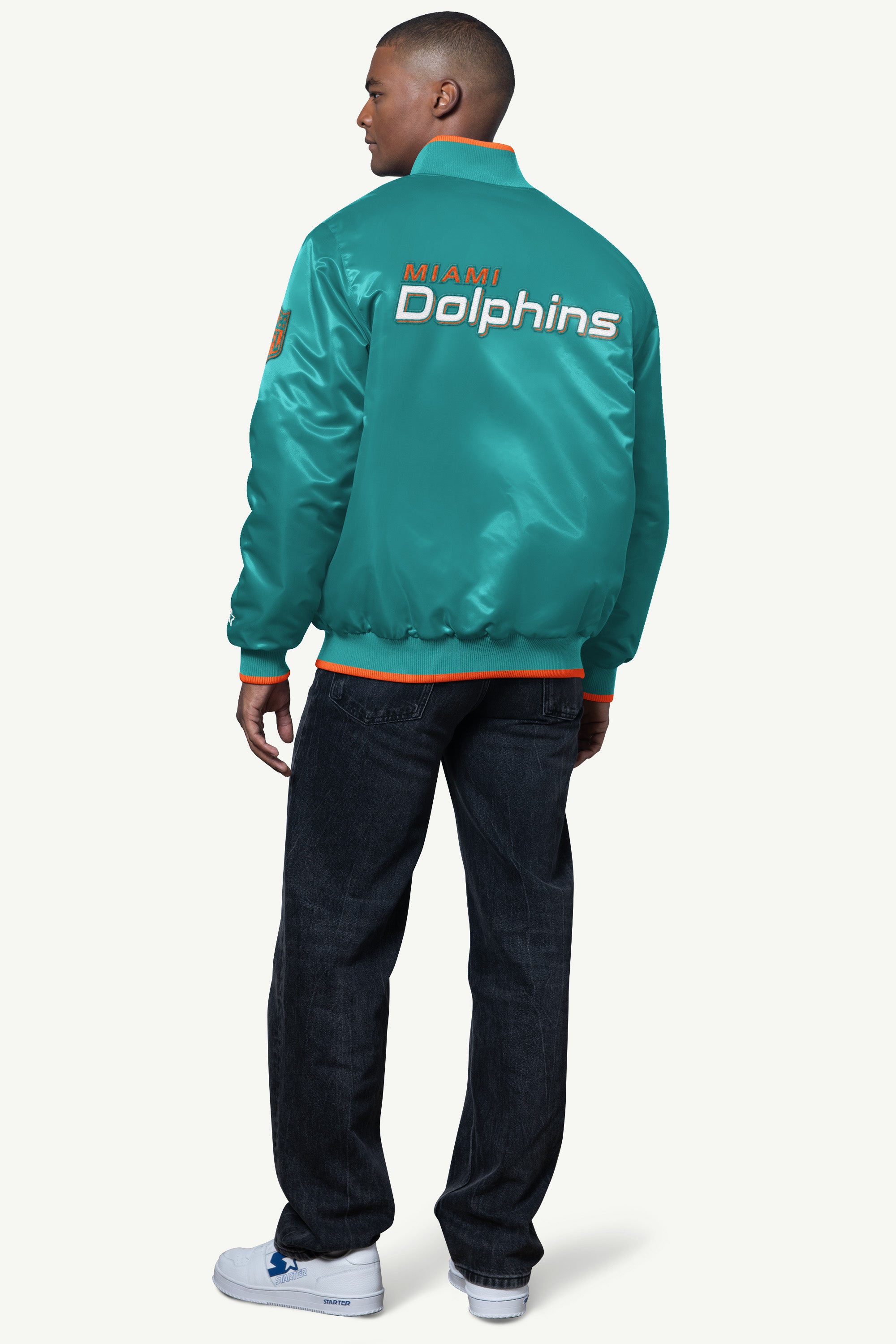 MENS MIAMI DOLPHINS AMBASSADOR SATIN VARSITY JACKET View 2 | Starter Jackets