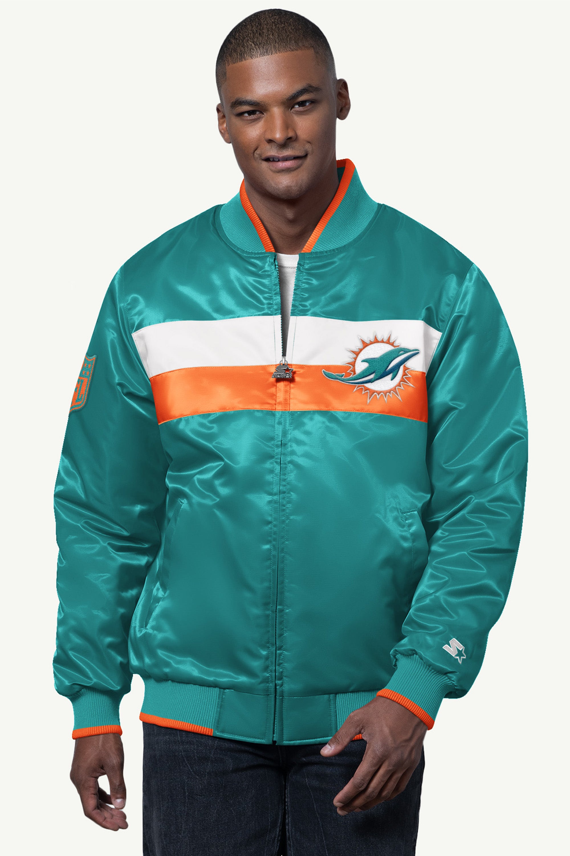 MENS MIAMI DOLPHINS AMBASSADOR SATIN VARSITY JACKET View 1 | Starter Jackets MENS MIAMI DOLPHINS AMBASSADOR SATIN VARSITY JACKET View 1 | Starter Jackets