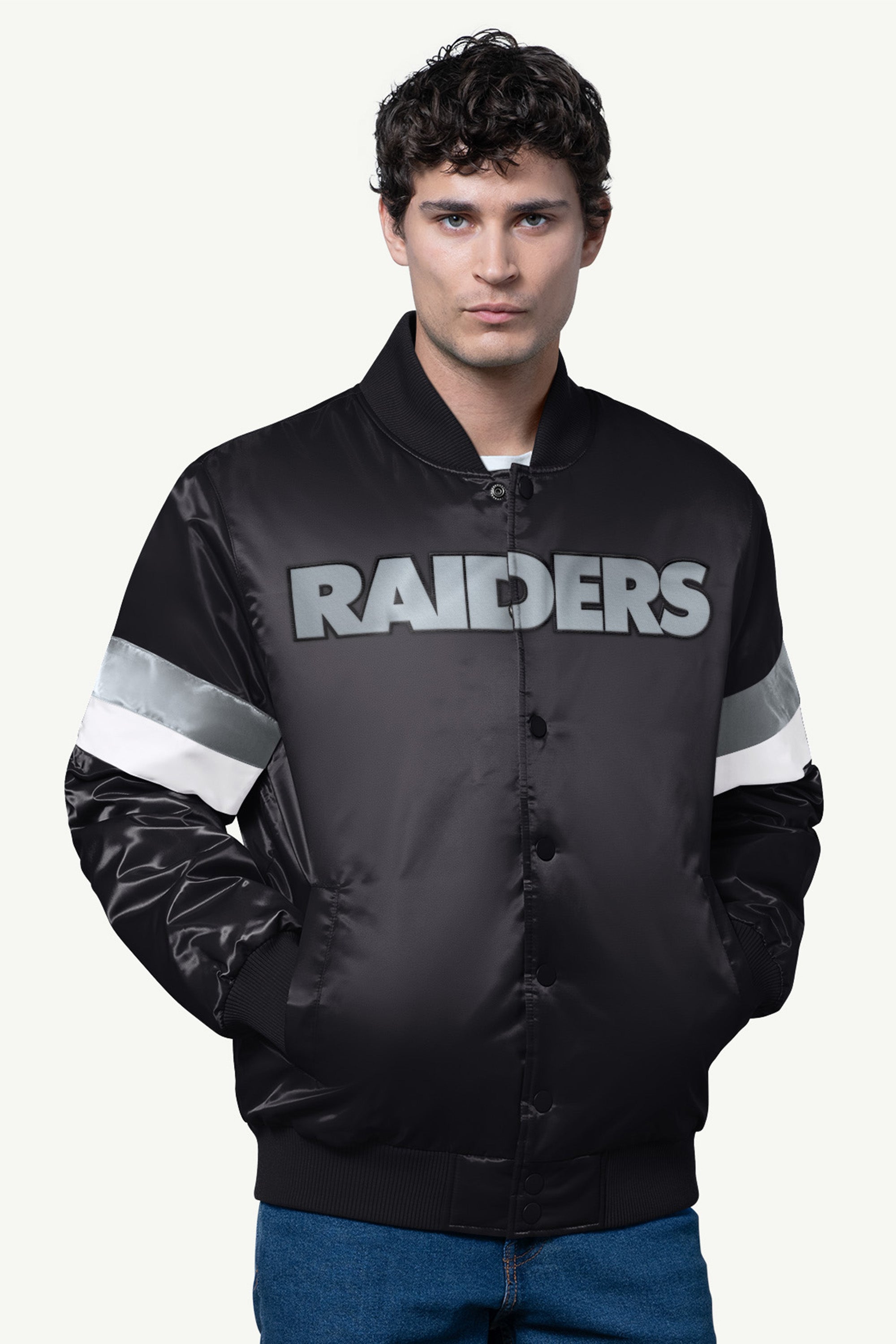 MENS LAS VEGAS RAIDERS SATIN VARSITY JACKET View 1 | Las Vegas Raiders
