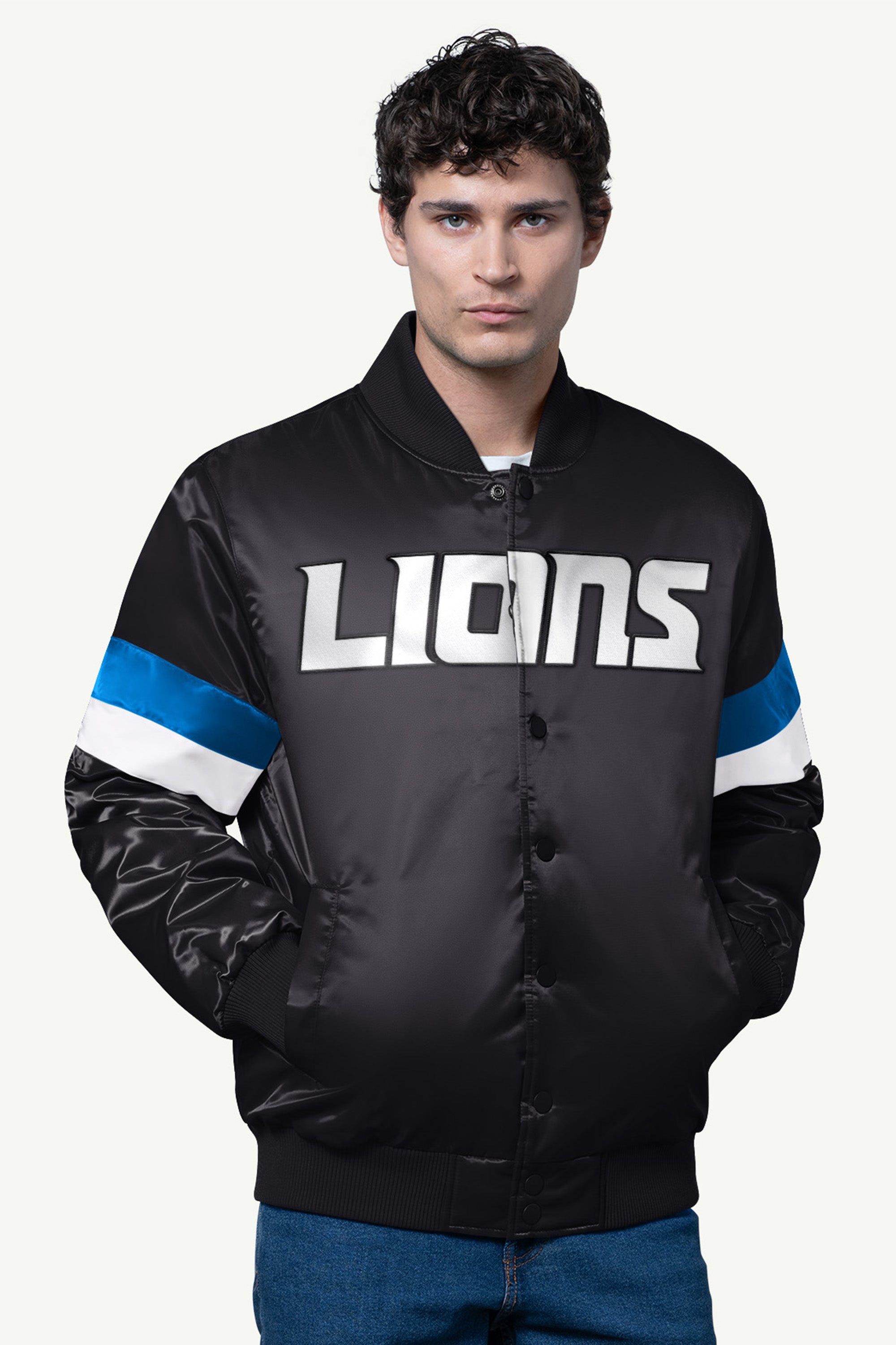 MENS DETROIT LIONS SATIN VARSITY JACKET View 1 | Detroit Lions