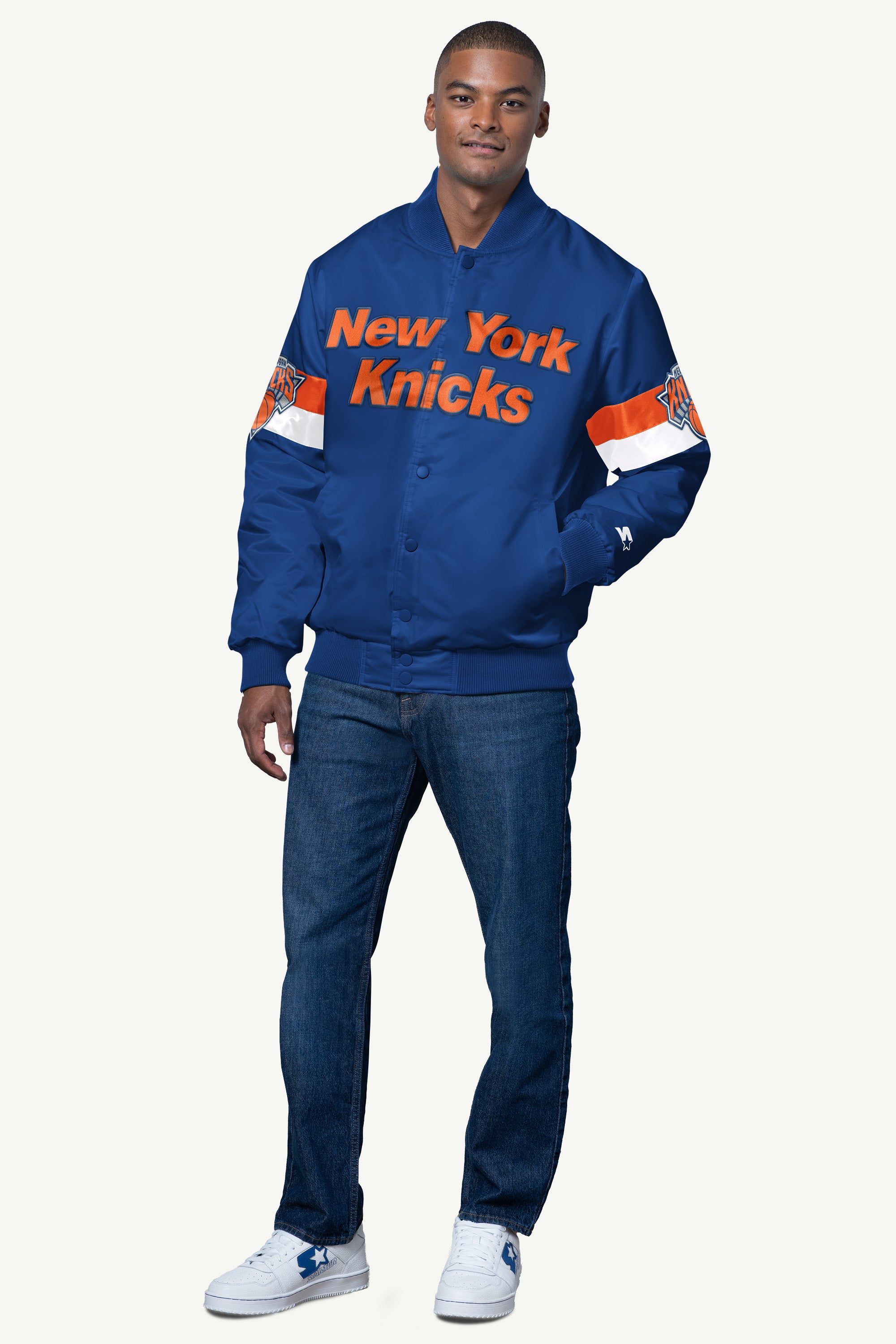 MENS NEW YORK KNICKS TRIPLE OPTION SATIN VARSITY JACKET View 3