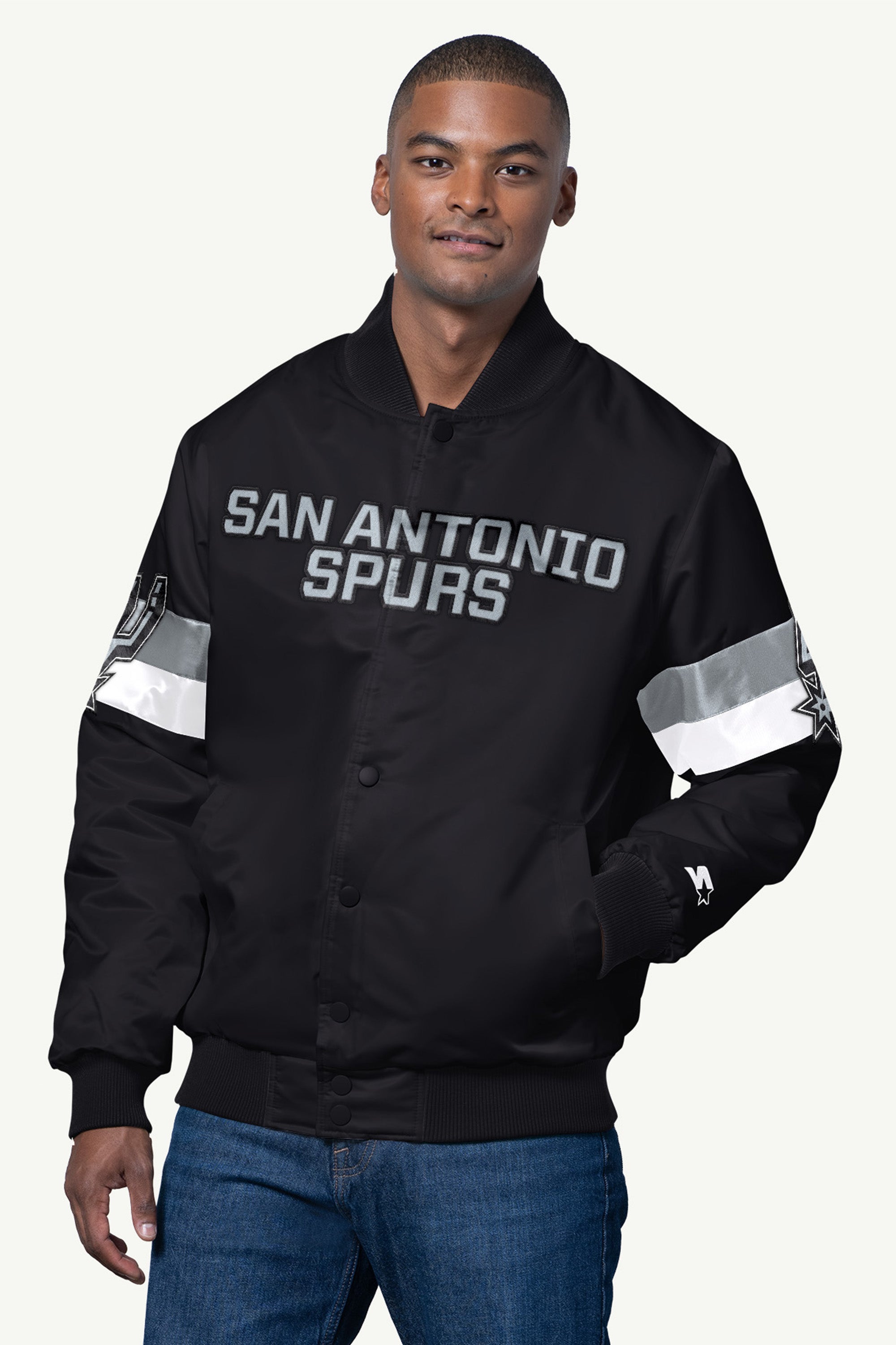 MENS SAN ANTONIO SPURS TRIPLE OPTION SATIN VARSITY JACKET View 1