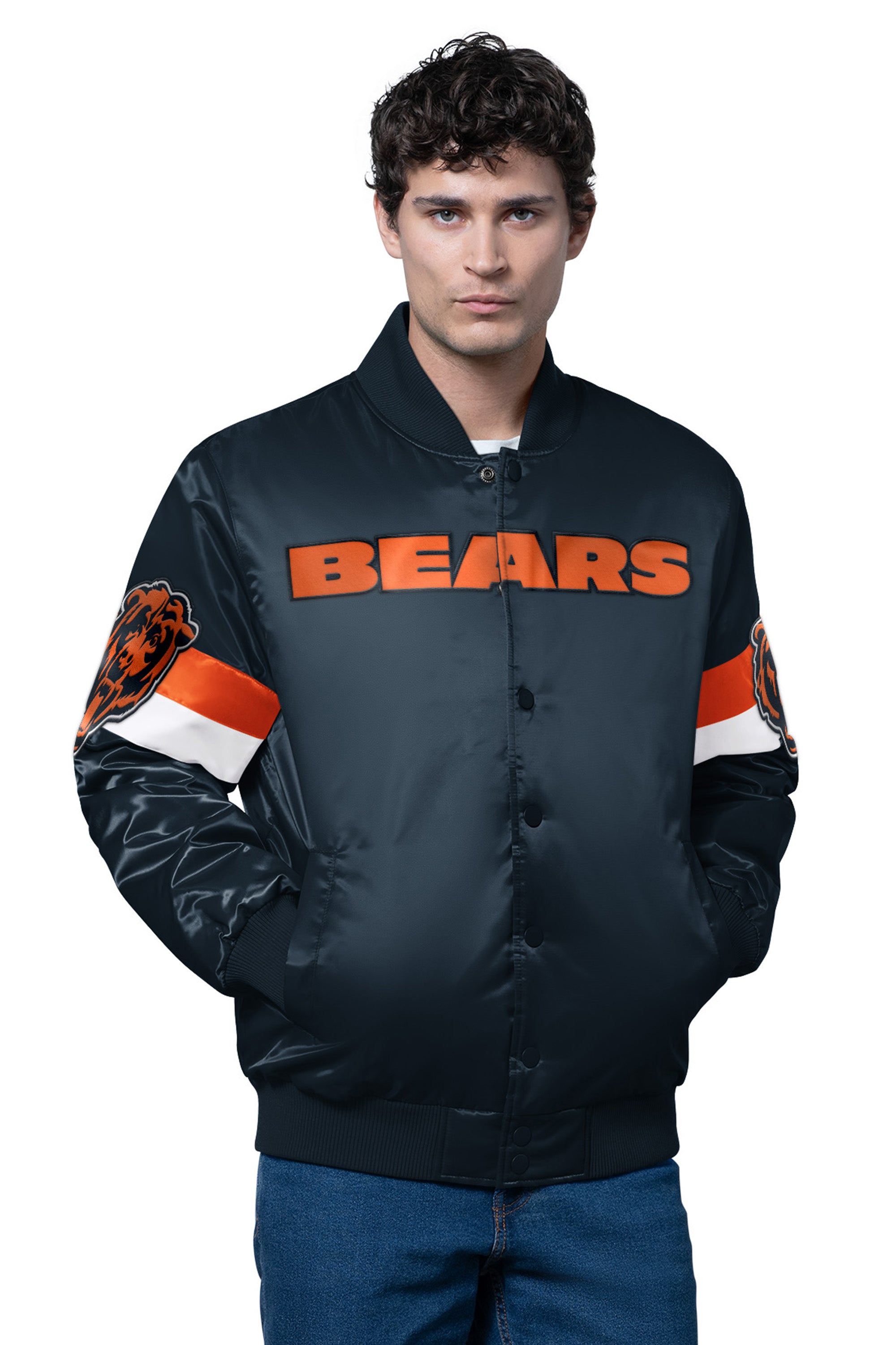 MENS CHICAGO BEARS TRIPLE OPTION SATIN VARSITY JACKET View 1
