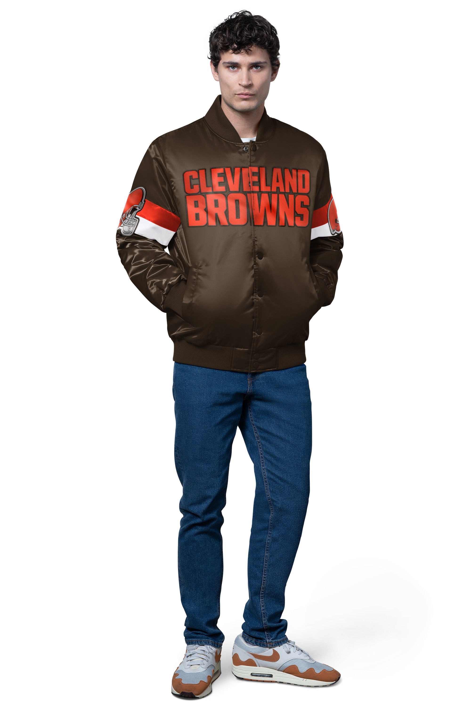 MENS CLEVELAND BROWNS TRIPLE OPTION SATIN VARSITY JACKET View 3