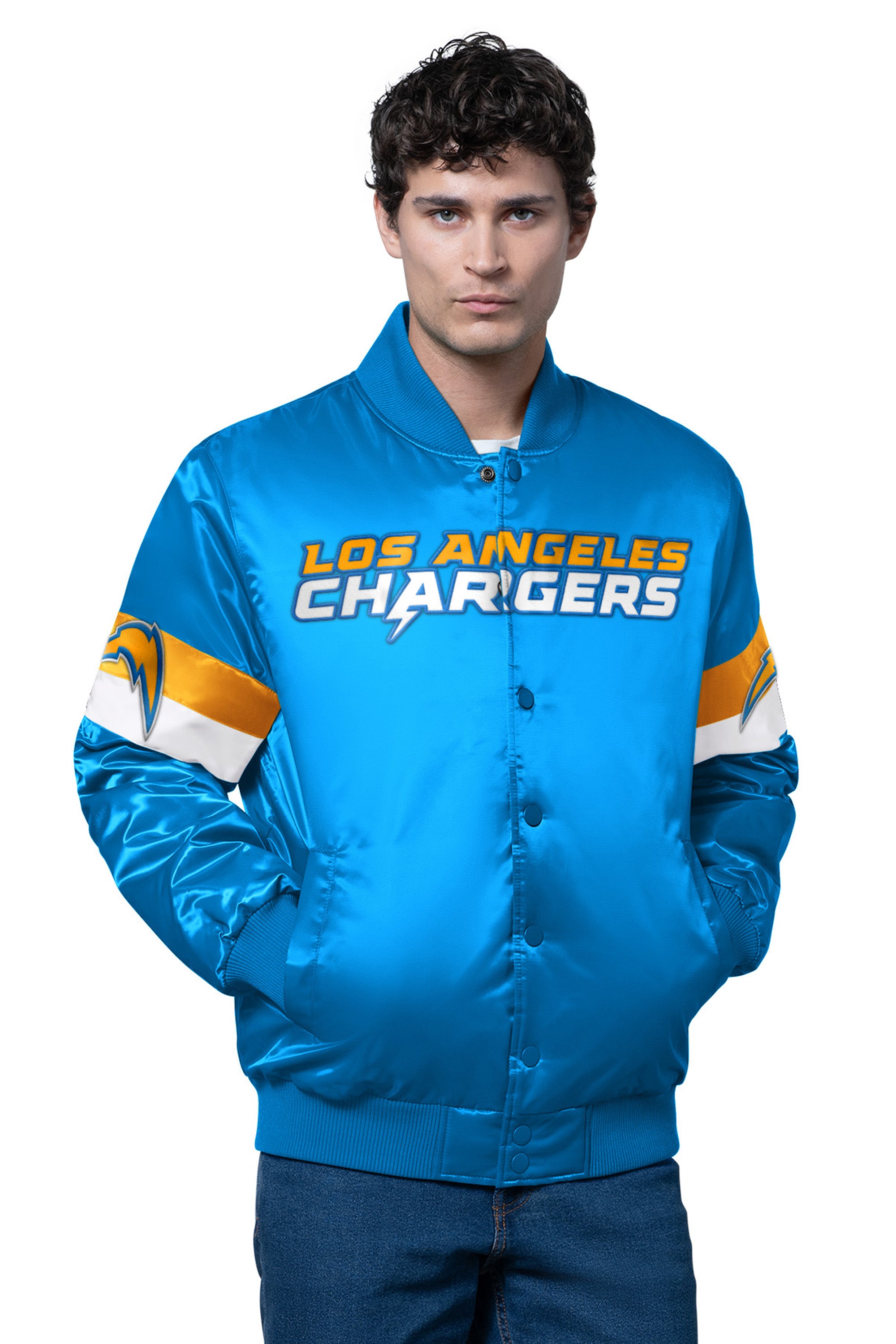 MENS LOS ANGELES CHARGERS TRIPLE OPTION SATIN VARSITY JACKET View 1 | NFL MENS LOS ANGELES CHARGERS TRIPLE OPTION SATIN VARSITY JACKET View 1 | NFL