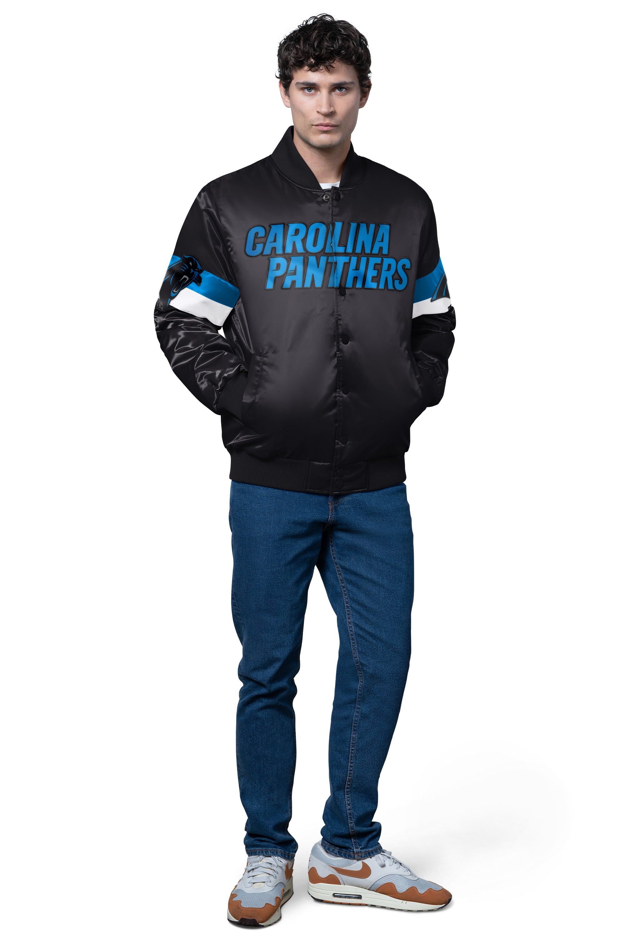 MENS CAROLINA PANTHERS TRIPLE OPTION SATIN VARSITY JACKET View 3 | Men's Jackets