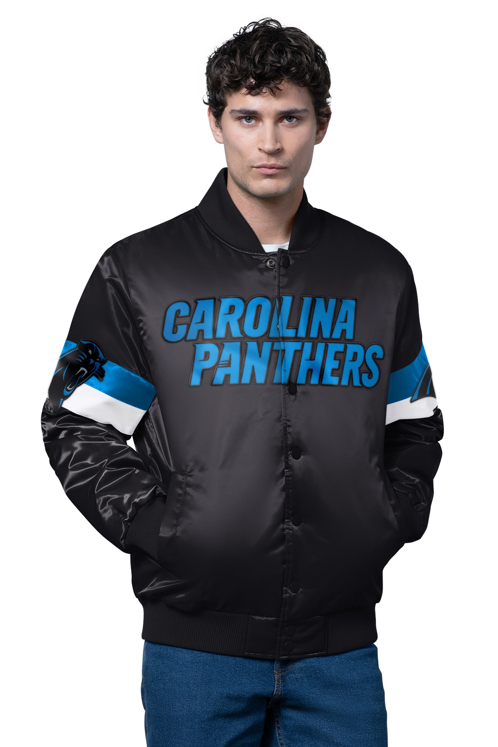 MENS CAROLINA PANTHERS TRIPLE OPTION SATIN VARSITY JACKET View 1 | Men's Jackets