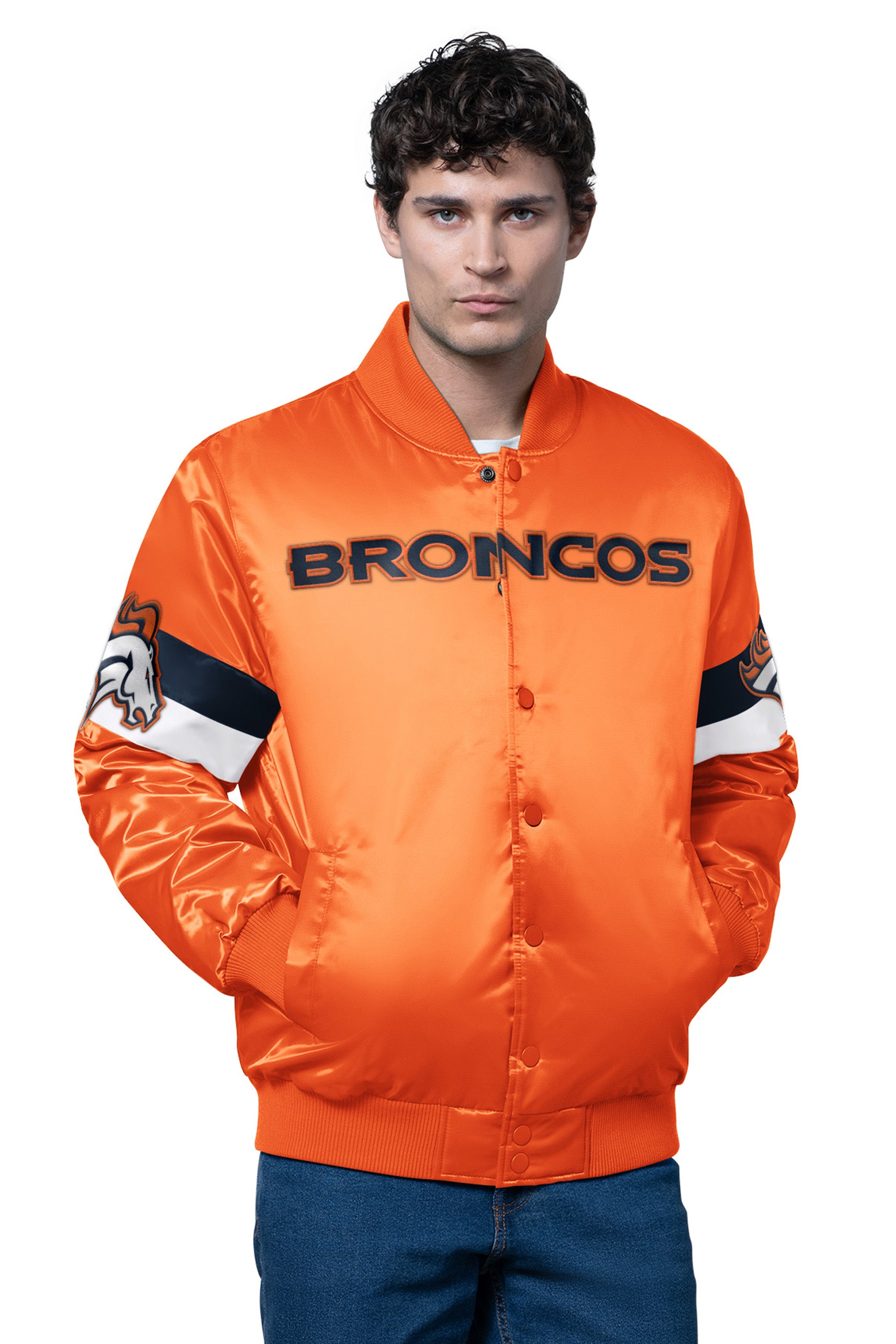 MENS DENVER BRONCOS TRIPLE OPTION SATIN VARSITY JACKET View 1 | Men's Jackets