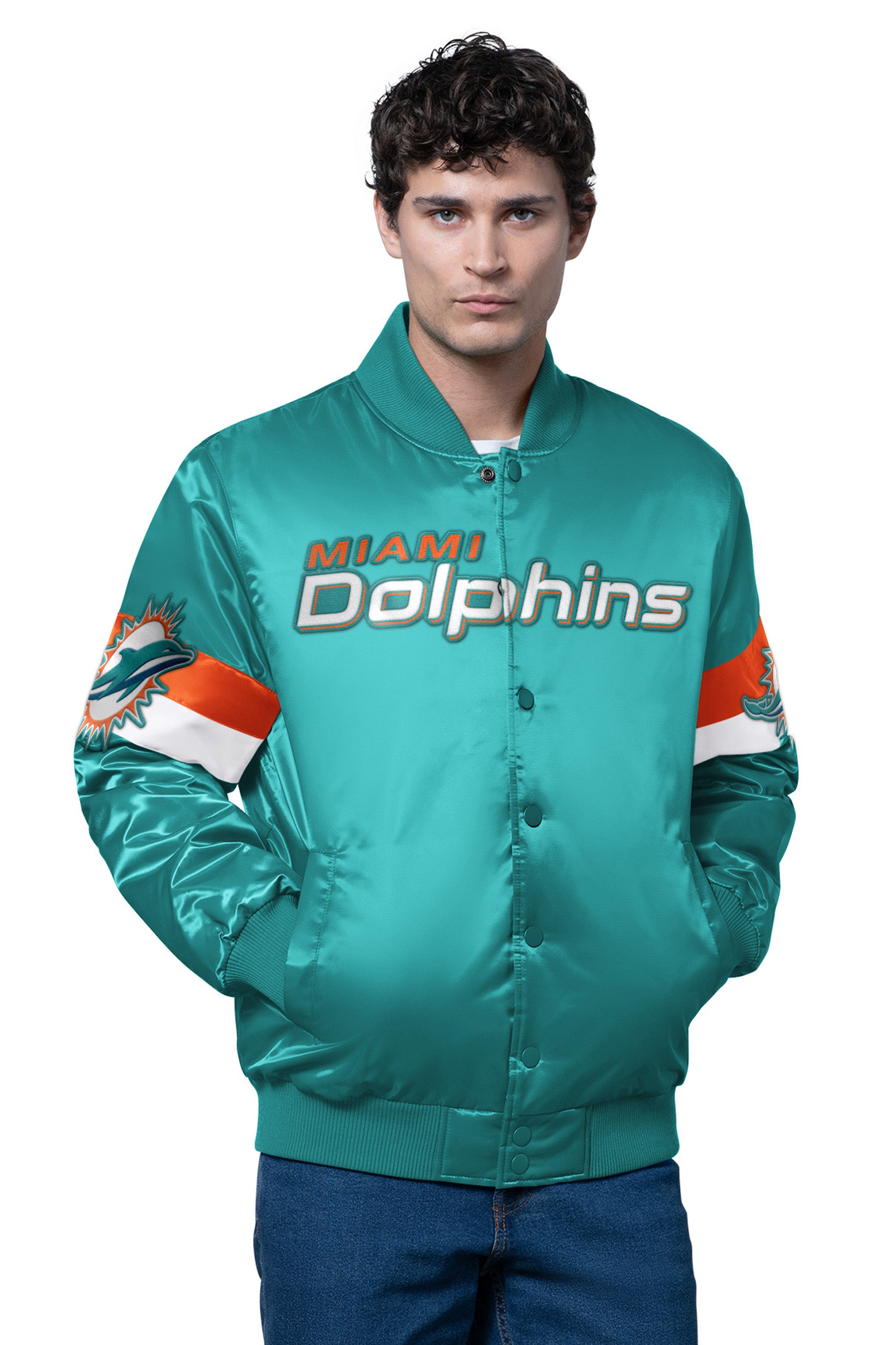 MENS MIAMI DOLPHINS TRIPLE OPTION SATIN VARSITY JACKET View 1 | NFL MENS MIAMI DOLPHINS TRIPLE OPTION SATIN VARSITY JACKET View 1 | NFL